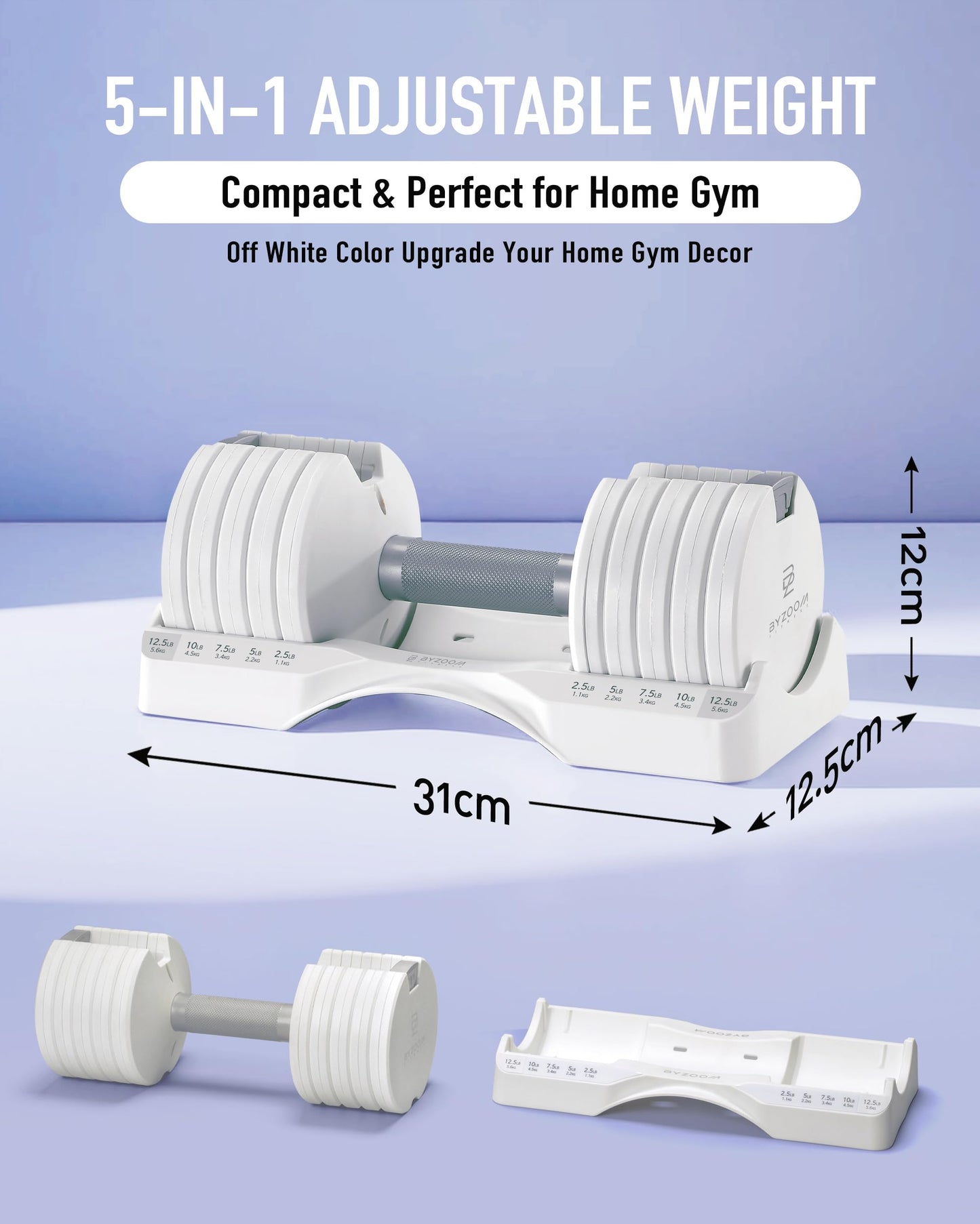 BYZOOM FITNESS Pure Series Adjustable Dumbbell Set 12.5lb Pair – 5-in-1 Compact Free Weights for Home Gym, Patented Easy-Adjust Design, Sleek Aesthetic for Strength Training & Workouts, Off White