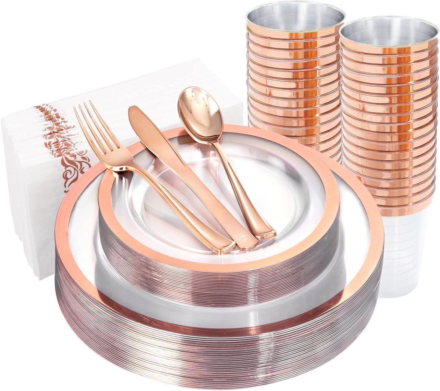 YOUBET 175PCS Rose Gold Plastic Plates - Clear Plastic Plates Disposable with Rose Gold Rim includes 50 Plates, 25Forks, 25Knives, 25Spoons, 25Cups, 25Napkins for Party & Wedding