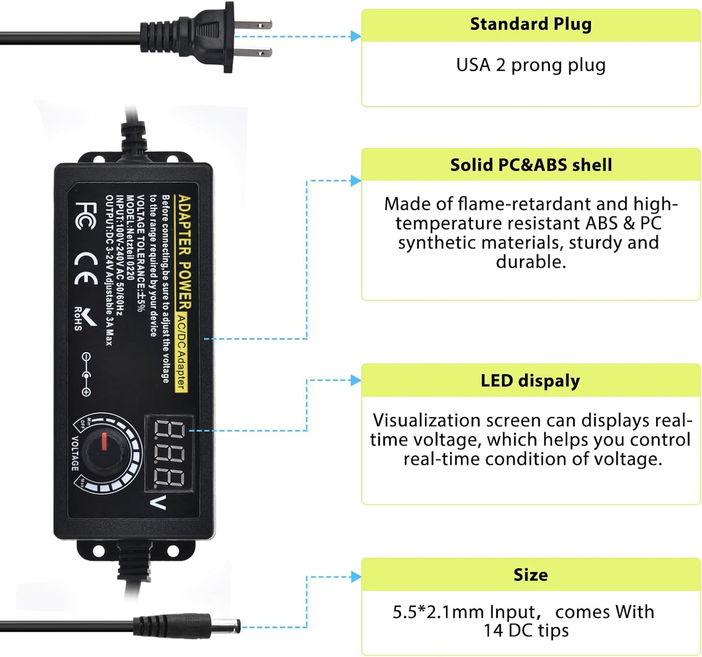 Amtake 72w 3V 24V 100V-240V Display,14pcs Tips,4-Way Universal Power Supply Adjustable DC ~ Variable Switching AC/DC
