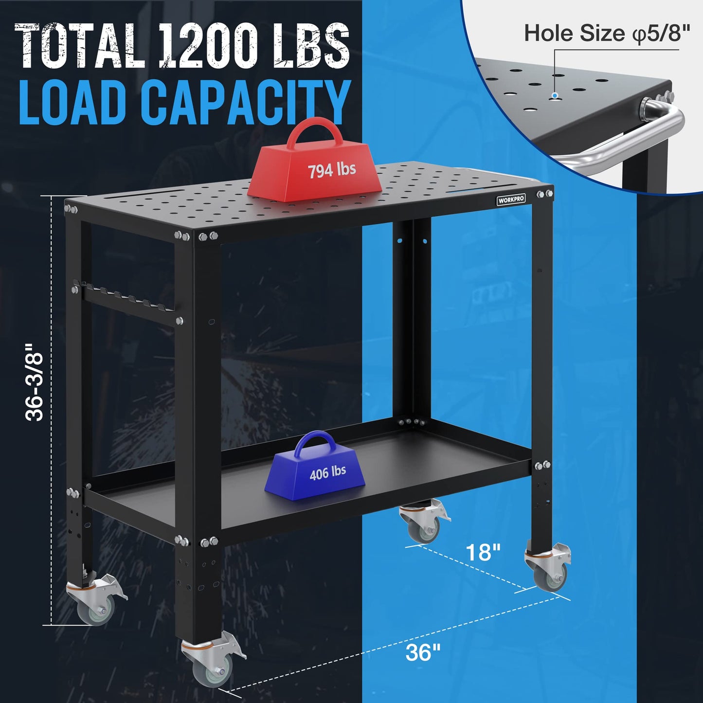 WORKPRO 36”×18” Welding Table, 1200 lbs Load Capacity, Nitriding Tabletop, Portable Welding Table with 5/8" Holes on Top, Welding Cart, Casters with Brakes