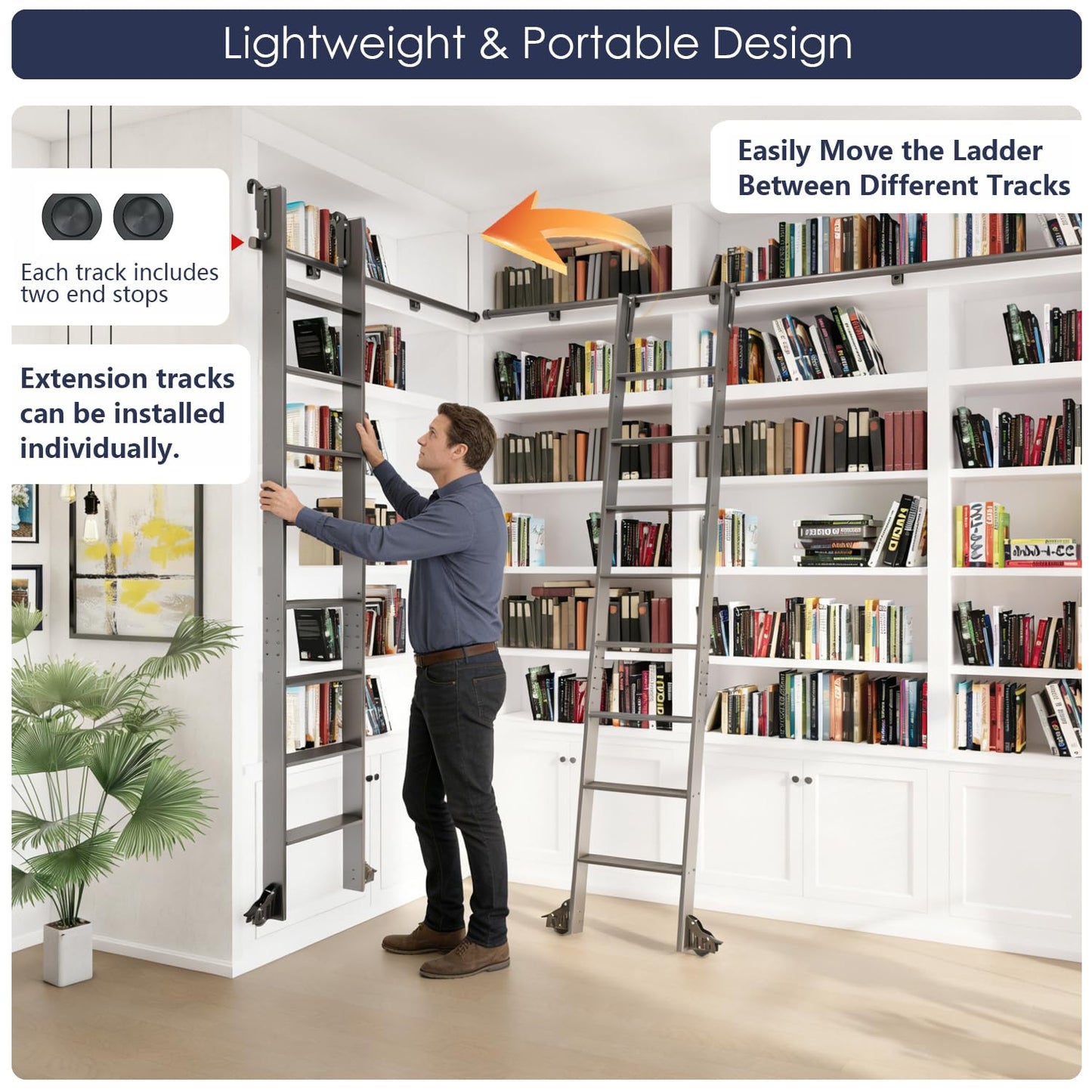 HARDJULAN 87" Black Sliding Library Ladder with 4FT Hook Track – Lightweight Aluminum Rolling Ladder with Braking Wheels, Space-Saving Rail Mounted Ladder System for Home Library, Closet & Storage