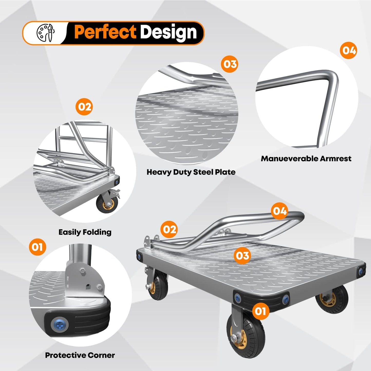 Lomive Heavy Duty Platform Truck Flat Moving Cart Hand Trucks, 2600Lbs Steel Push Cart Dolly, 48 x 24in Large Flatbed with 6'' 360 Degree Swivel Wheels for Easy Storage