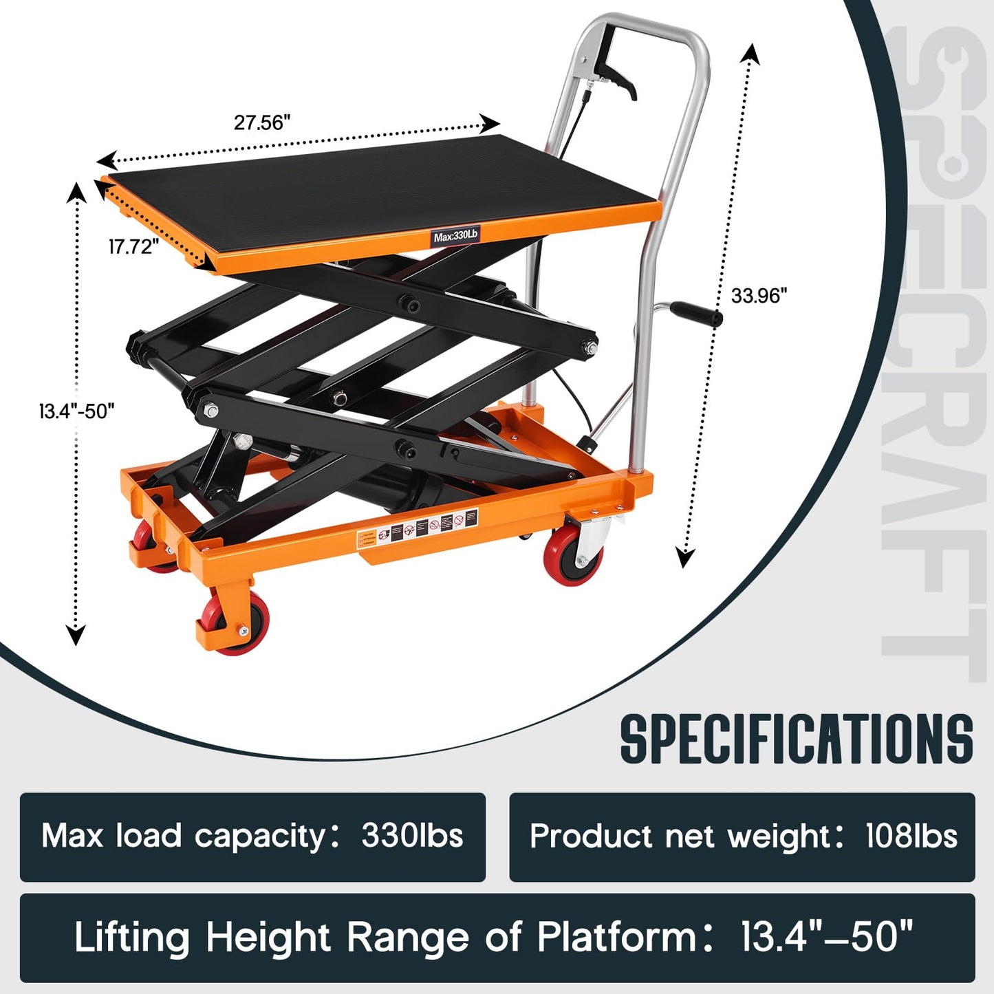 Specraft 330 lbs Hydraulic Lift Cart, Double Scissor Lift Table Up to 50", 4-Wheel Material Handling Platform with Non-Slip Pad, Orange