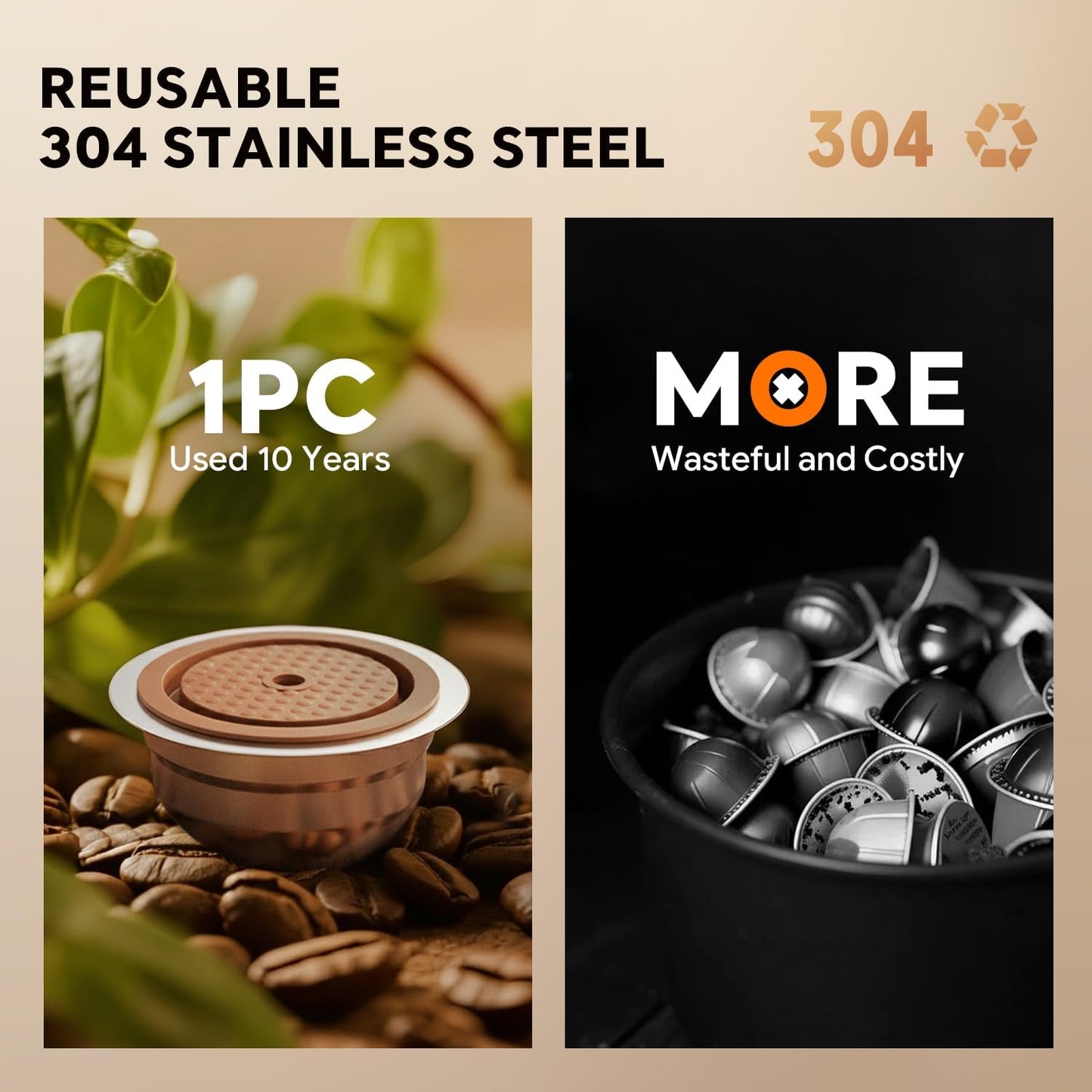 Skiennix Stainless Steel Reusable Coffee Pods - Compatible with Nespresso Vertuo | 4 Barcode Stickers & Silicone Lid (230ML)