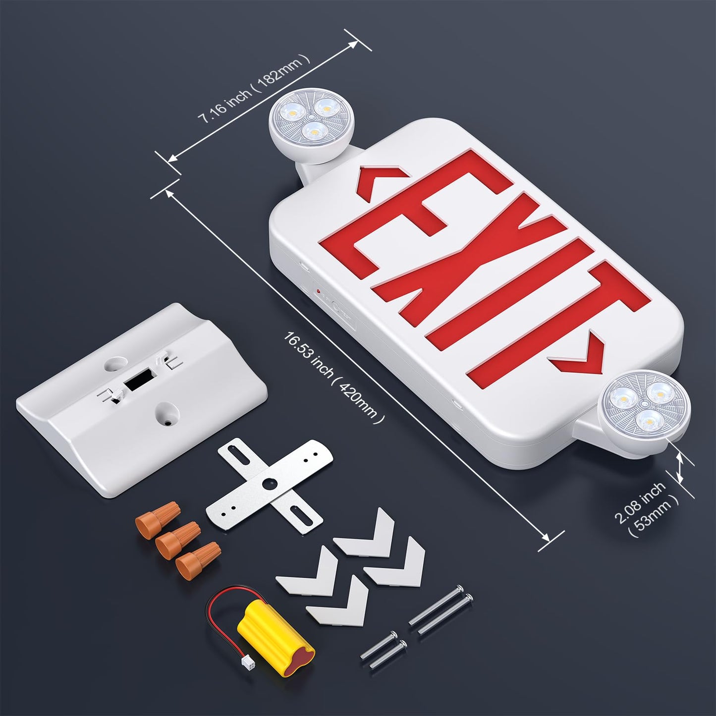 SASELUX Led Exit Sign Emergency Light Combo Adjustable Two Head,Double Sided and Battery Backup Exit Light,Red Letter Hardwired Emergency Exit Sign,AC 120/277V,UL Listed,Ceiling&Wall Mount (1 Pack)