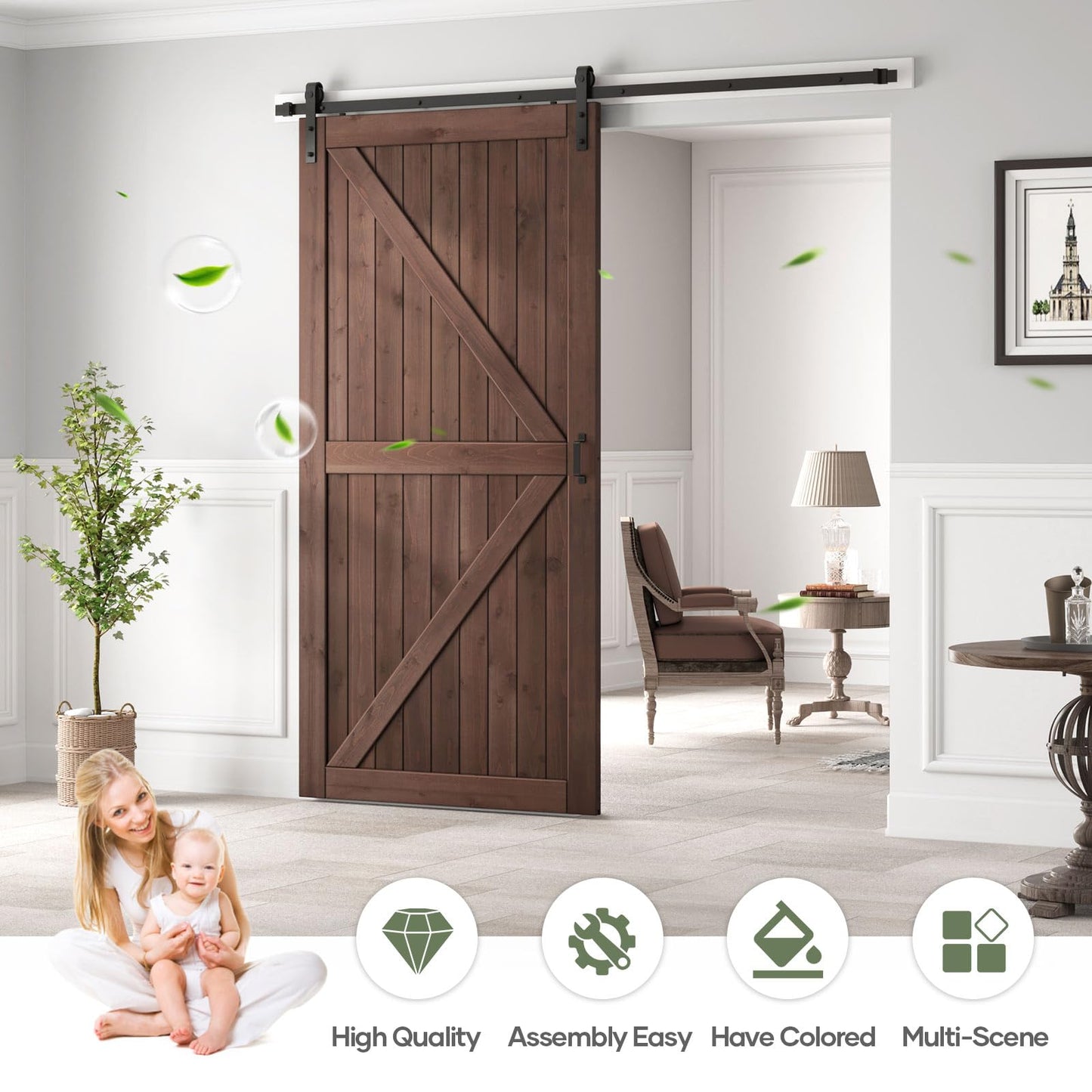 ROYMELO 48x96 inch Sliding Barn Wood Door Slab with 8ft Hardware Kit and Handle, Coffee, K Shape, Simple DIY Assembly