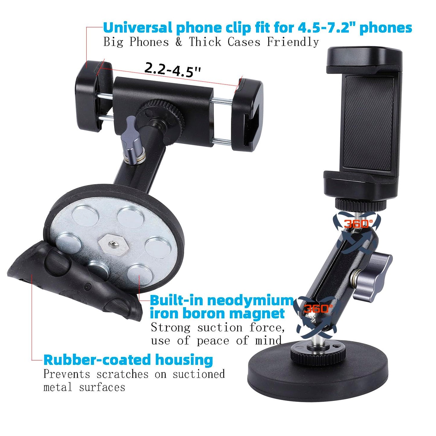 Gym Magnetic Phone Holder Mount with 360° Adjustable Dual Ballhead Magic Arm, Magnet Base Phone Mount for Gym Equipment, Refrigerator, or Any Ferrous Metal Surface, Compatible with All Smartphones