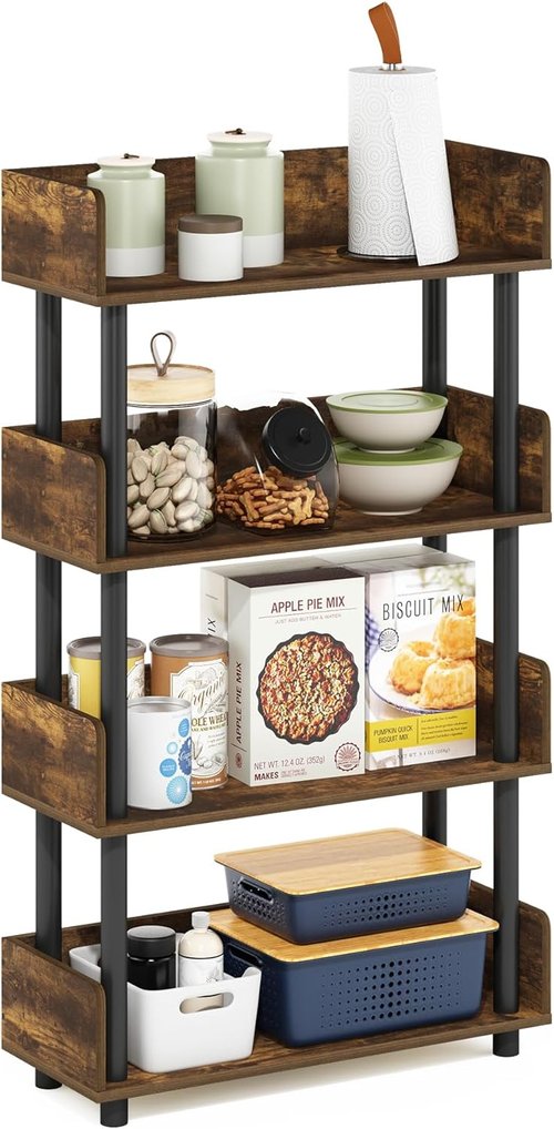 Furinno Turn-N-Tube 4-Tier Display Rack - Toolless Assembly, Amber Pine & Black Finish