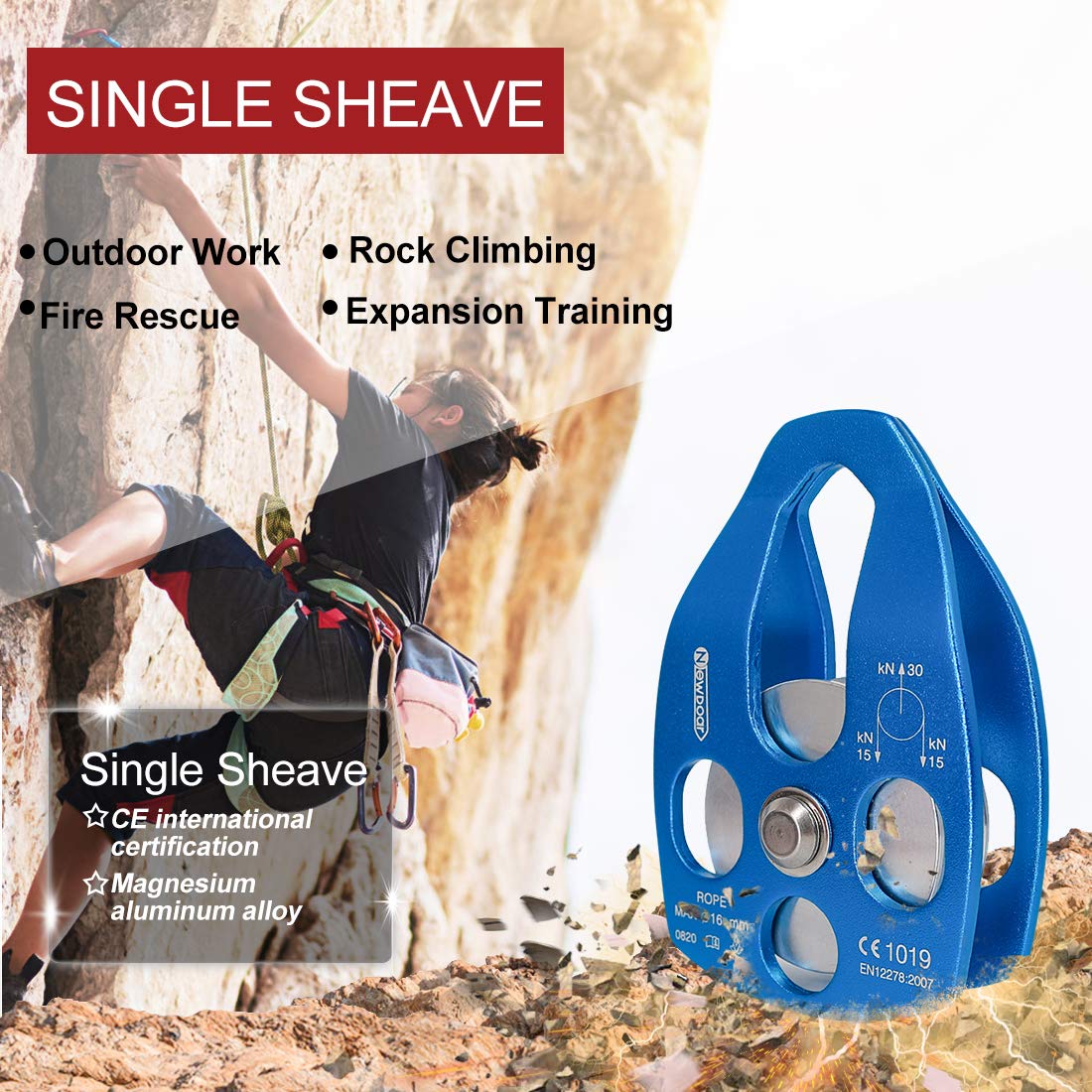 NewDoar 30KN CE Certified Large Rescue Pulley Single Sheave with Swing Plate for Outdoor Mountaineering Rock Climbing Rescue(Blue 1pcs)