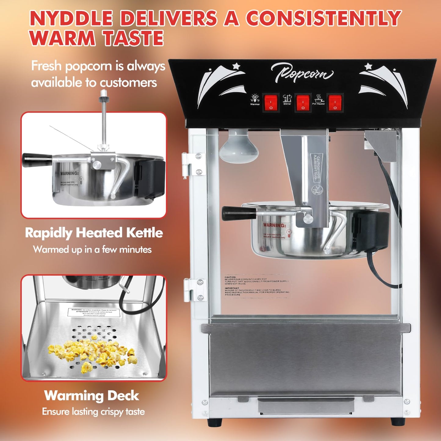 Popcorn Maker Machine,12 Ounce Kettle Stainless Steel Commercial Popcorn Machine with Tempered Glass,Warming Deck, 900W Countertop Popcorn Popper for Parties (Black, 12 Ounce)