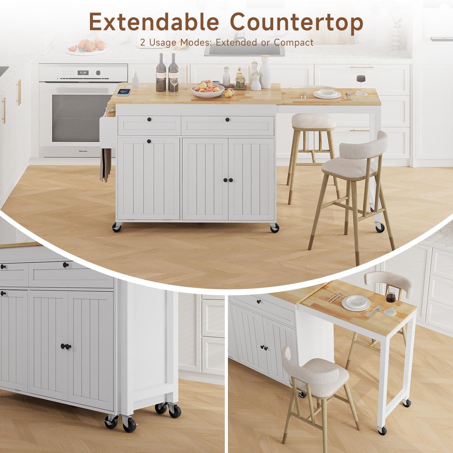 Lefurture Kitchen Islands with Storage, Kitchen Island on Wheels with Extendable Dining Table and Power Outlet, Rolling Island Cart with Trash Cabinet, Spice Rack & Towel Rack, White