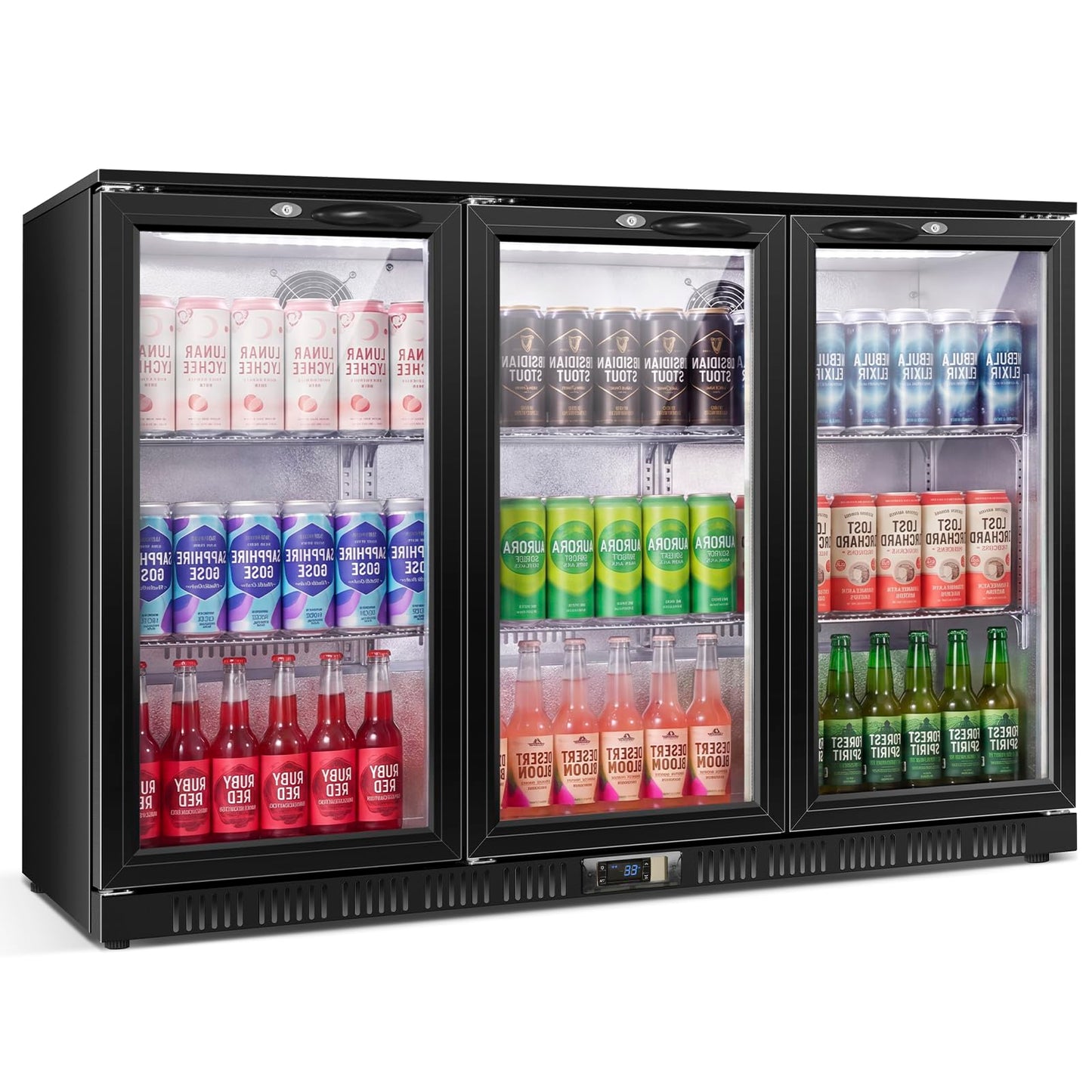 53.15" W Commercial Under Counter Beverage Refrigerator, 3 Glass Door Back Bar Cooler, Built-in/Freestanding 12Cuft Drink Fridge with LED Light, Auto Defrost, Low-E Glass & Safety Lock, Rebound door