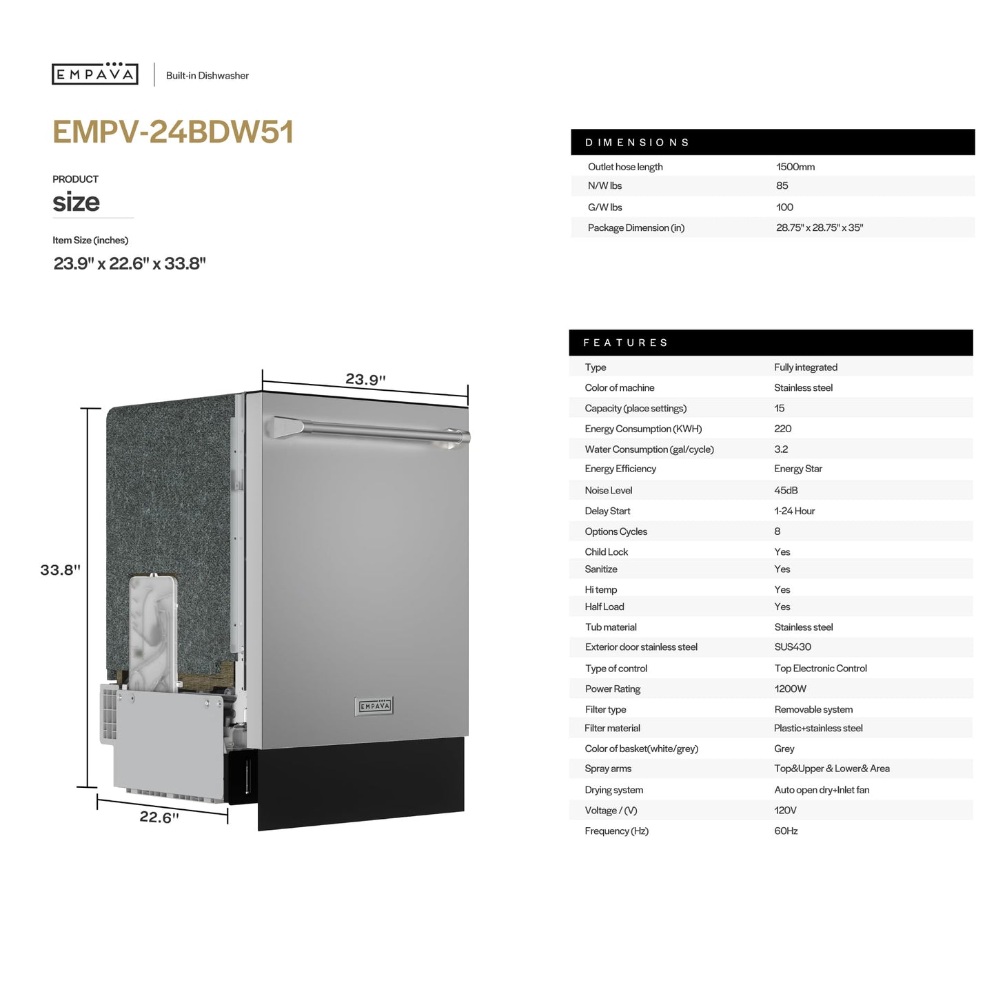 Empava 24 Inch Built-in Dishwasher, Stainless Steel Tub, 15 Place Settings, 8 Wash Cycles, 3 Racks, Dual-Dry System, Top Control, 45 dB Ultra Quiet, Energy Star & UL Certified