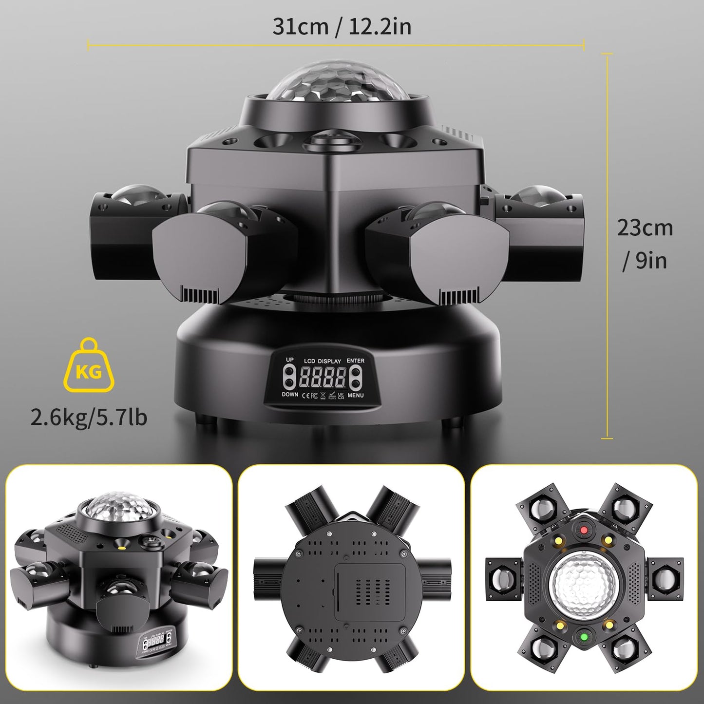 6-Arm Moving Head DJ Lights, 120W RGBW 4-in-1 Stage Lights with Kaleidoscope Magic Ball Effect, Starry Laser Effects, White/Golden Strobe, 540° Rotation, DMX512 Sound Activated Remote for Disco DJ Bar