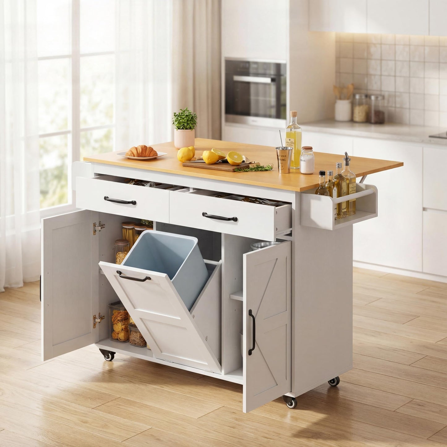 YESHOMY 56" Kitchen Island with Trash Can Storage, Drop Leaf Kitchen Island with Storage, 2 Drawers, 5 Wheels, Spice Rack & Towel Holder, White and Yellow Oak