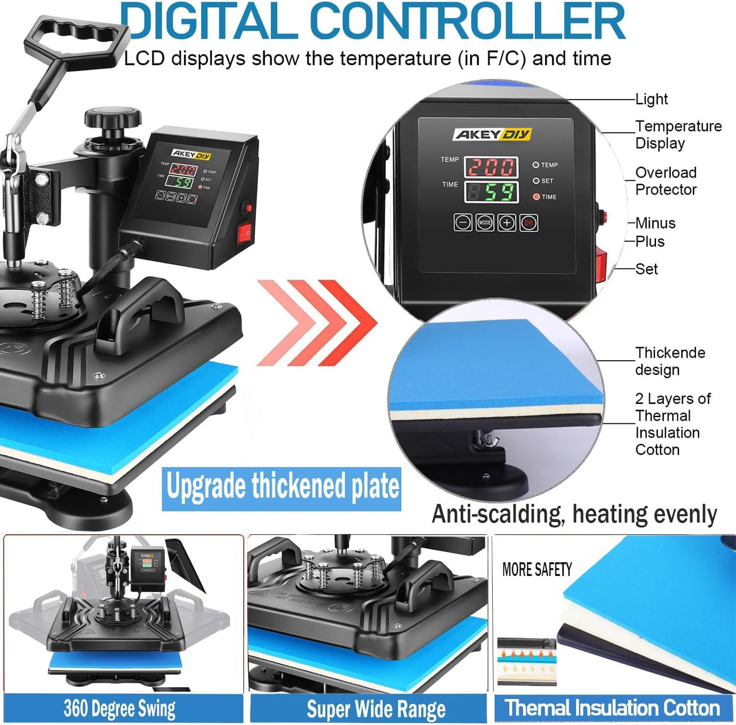 AKEYDIY Professional 5 in 1 Heat Press Machine for t Shirts Digital Heat Press Combo 12" x 15" 360-degree Swing Aweay Shirt Press Machine Sublimation Heat Press for T Shirts Mug Hat Plate