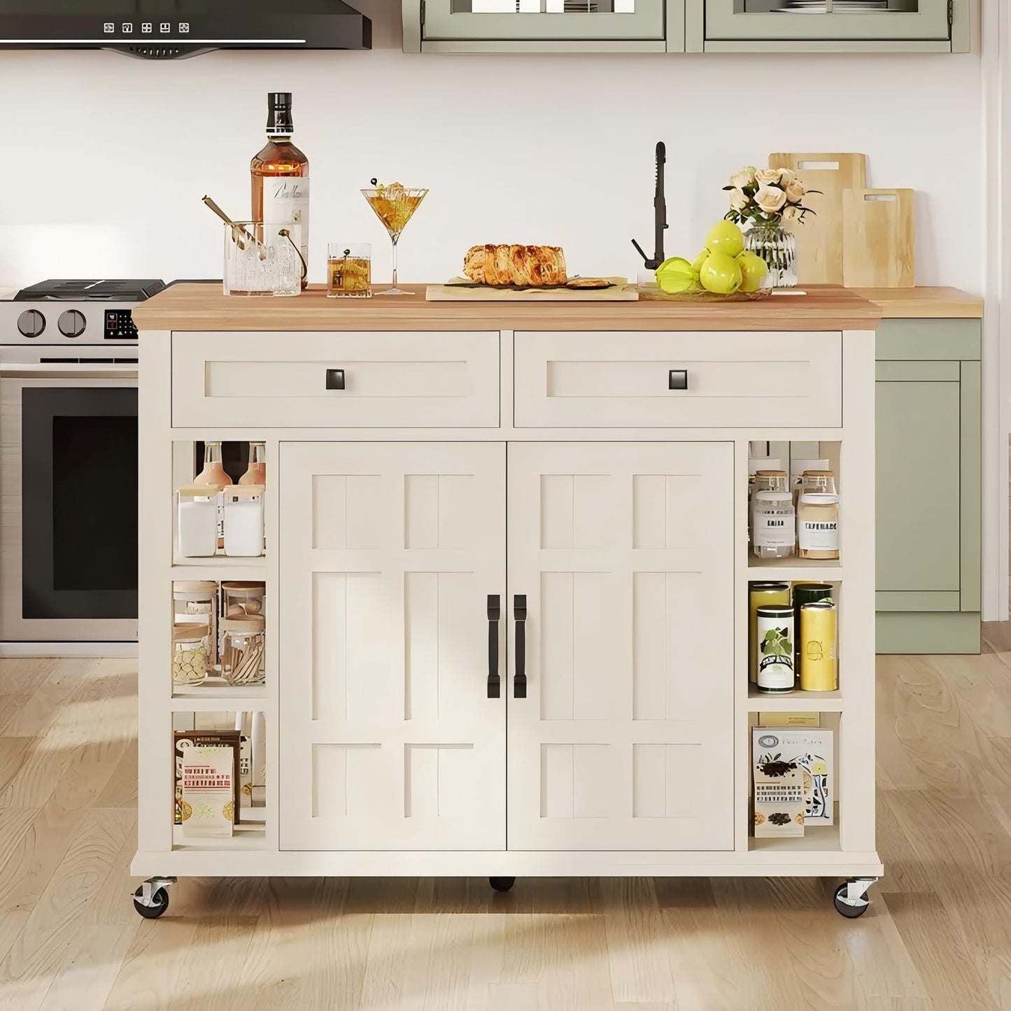 DWVO Rolling Kitchen Island with Drop Leaf, Mobile Storage Islands with Power Outlet Foldable Tabletop, 2 Drawers and Open Shelves, for Living Room, Dining Room, Off White