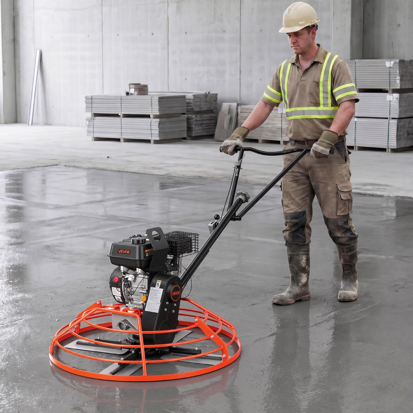 VEVOR Power Trowel, 34.8 inch Trowel Diameter Concrete Finishing Machine, 5.5HP Engine, 4 Blades, Adjustable Pitch, Gas-Powered Walk-Behind Cement Surface Finisher for Smooth Floors, Construction