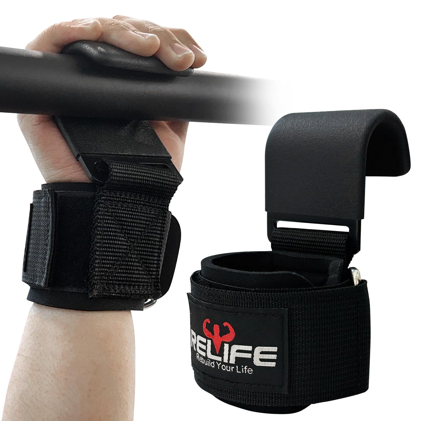 RELIFE REBUILD YOUR LIFE Lifting Hooks for Men and Women(Pair), Pull Up Straps, Gym Reapers Lifting Wrist Grips, Heavy Powerlifting, Lifting Hooks for Weight Lifting Black