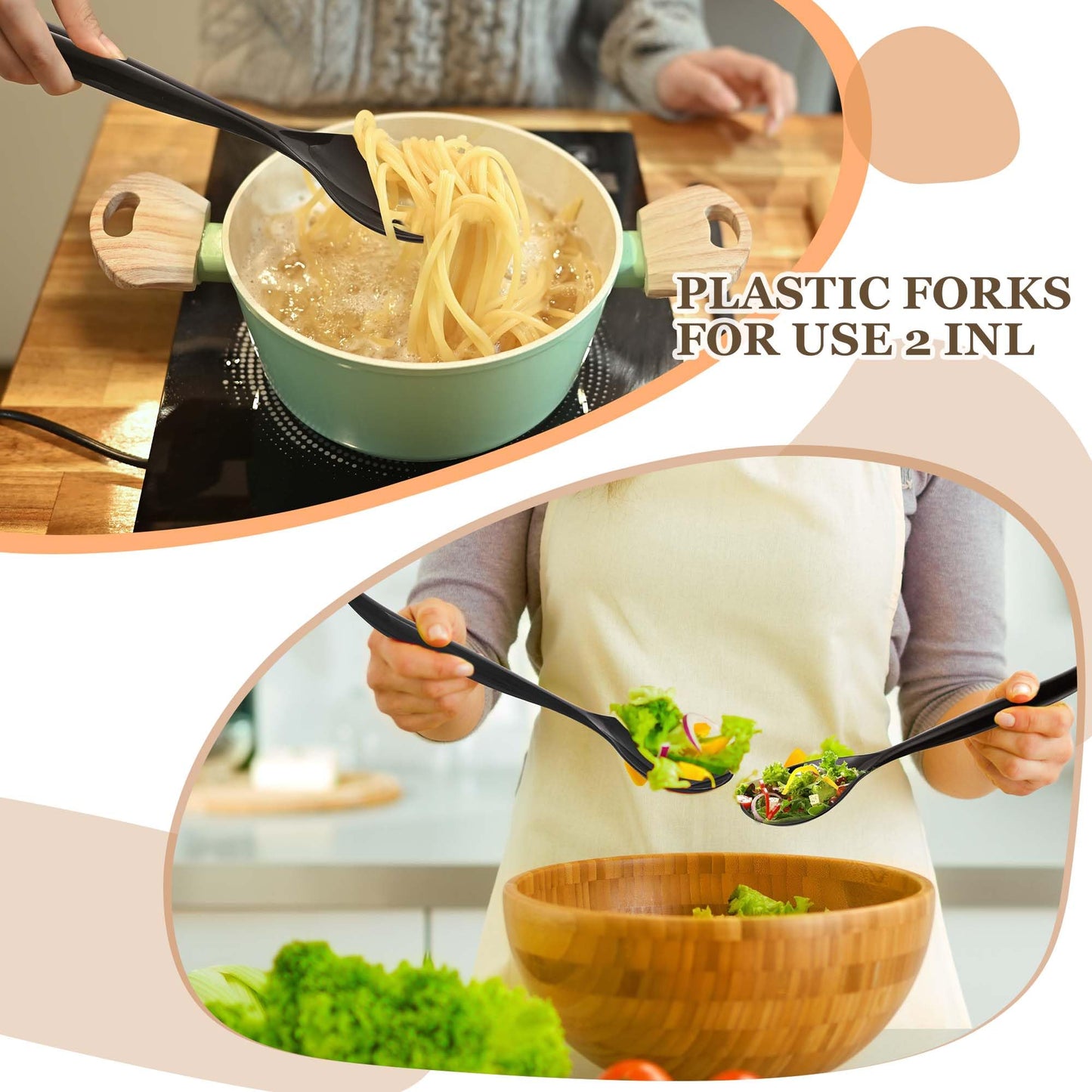 Mwellewm 48 Pcs Serving Spoons 10'' Large Plastic Serving Utensils Set Slotted Disposable Serving Forks Heavy Duty Black Party Supplies for Buffet Restaurant Dinner Salad Noodles Soup