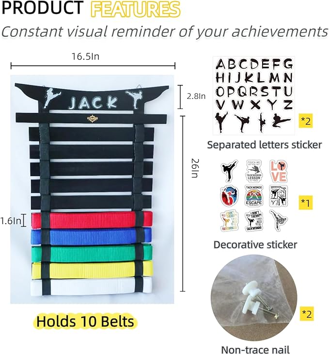 Martial Arts Belt Display Rack, Wooden Wall Mount, Karate and Taekwondo Belt Holder