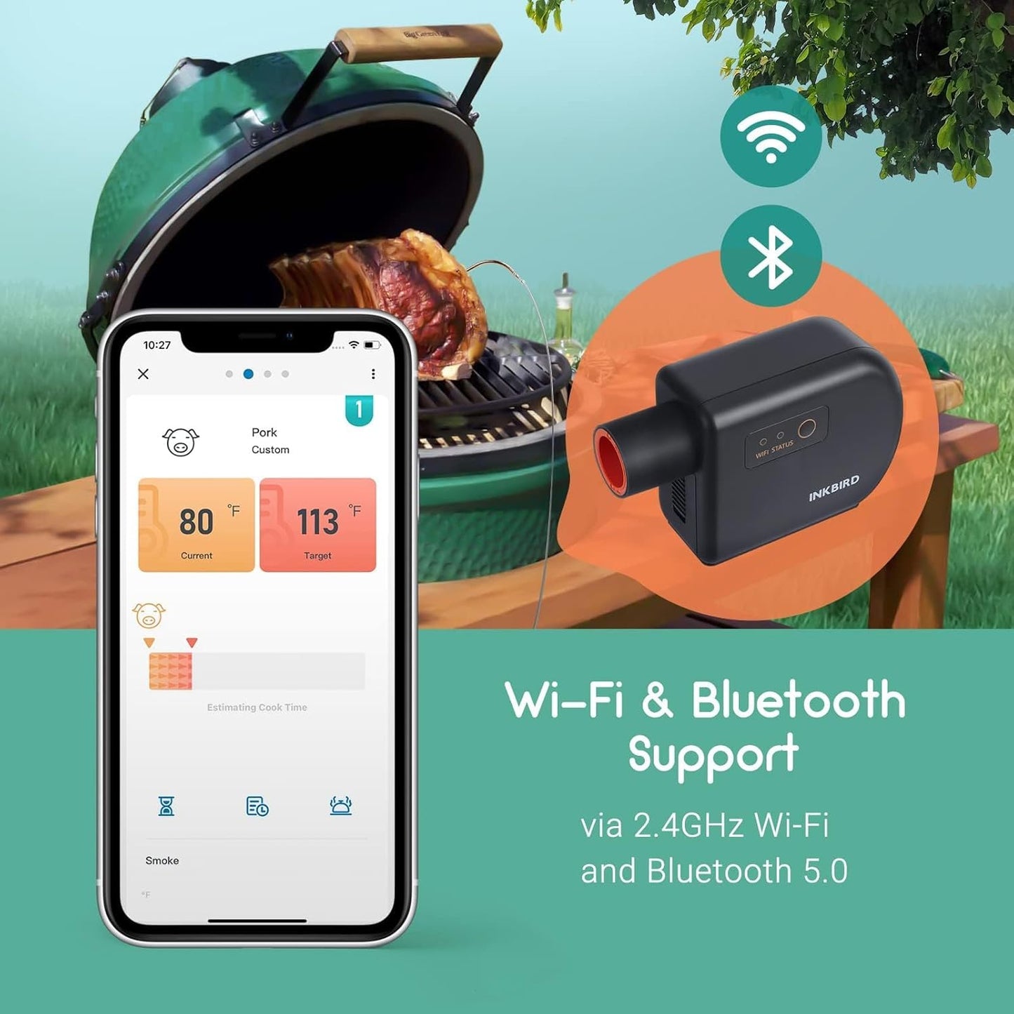 INKBIRD Wi-Fi and Bluetooth BBQ Temperature Controller, Automatic Smoker Fan Thermometer, with 4 Probes for Green Egg, Kamado Joe, Primo, Ceramic Grills, with 2 Size Adapters, Storage Carrying Case