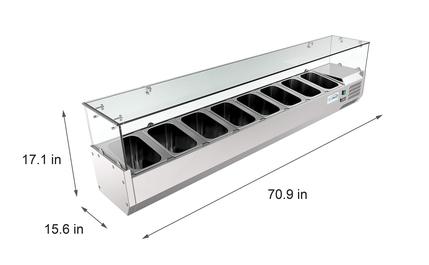 KoolMore SDC-8P-SG Condiment Prep Rail Station with Sneeze Guard, 71 Inch, Silver