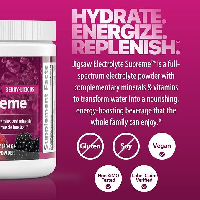 Jigsaw Health Electrolyte Supreme | Broad Spectrum of Electrolytes + Trace Minerals | Berry-Licious Flavor | 60 Servings (Jar)