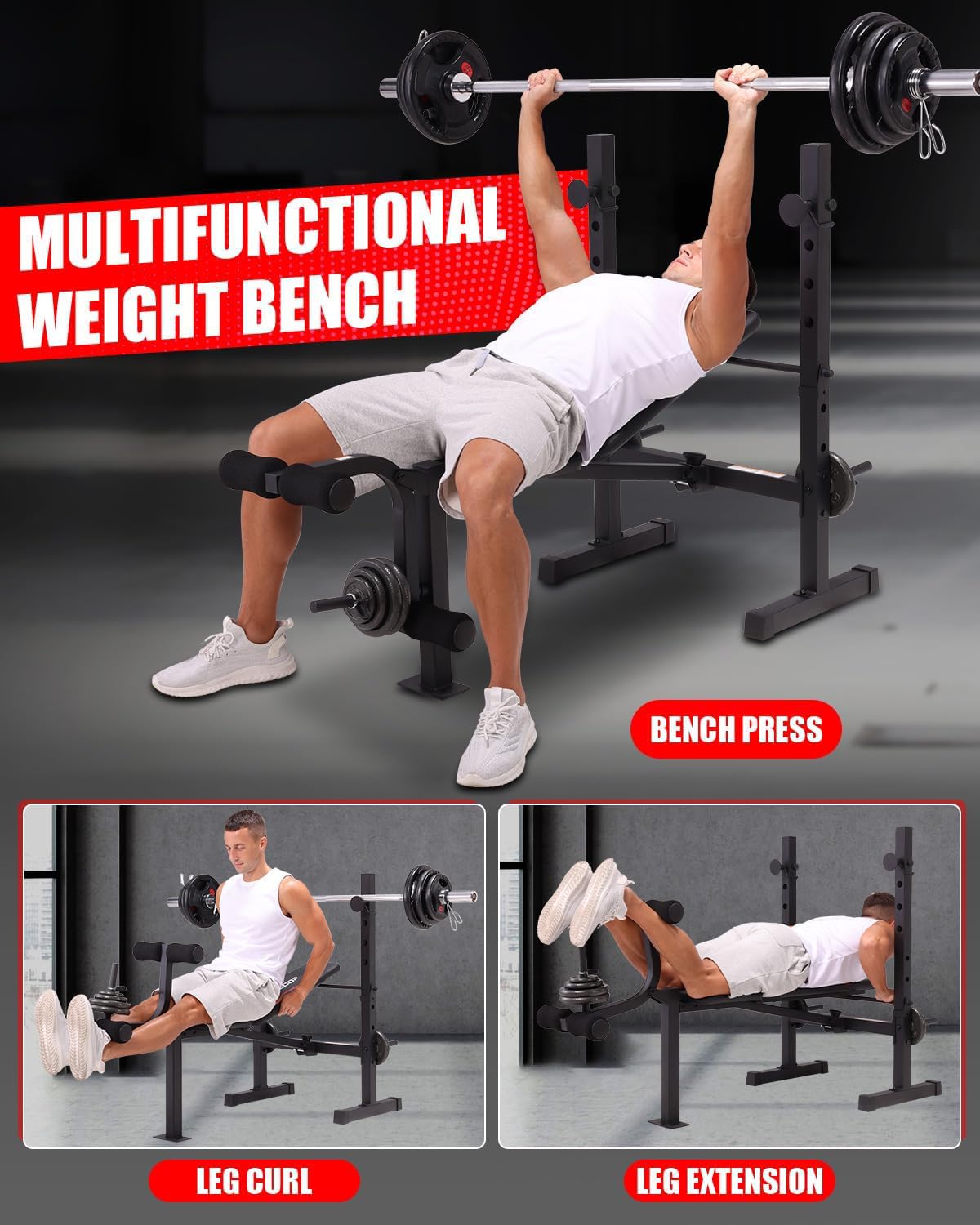 OPPSDECOR Standard Weight Bench Set with Squat Rack, 600LBS Adjustable Bench Press Set with Leg Extension and Leg Curl, Foldable Flat Incline Decline Workout Bench for Home Gym Full Body Training (Black)