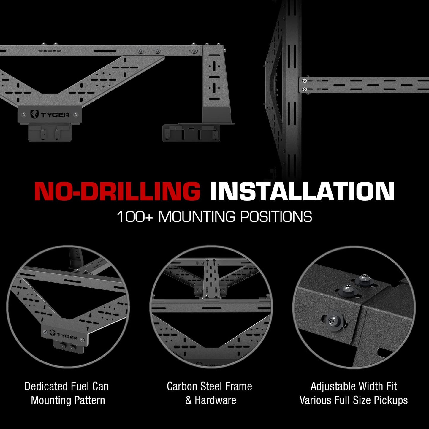 Tyger Auto Plate Style Overland Bed Rack for Full-Size Pickup Trucks | Compatible with Ram 1500 & HD, Ford F-Series, Silverado, Sierra, Titan & XD (see image for size chart) | TG-BK2U55637, Black