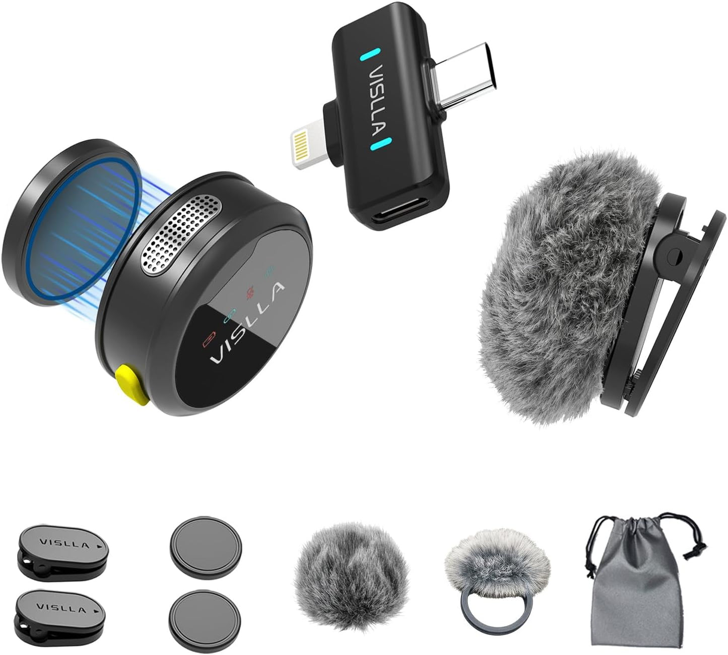 Vislla Mini Microphone for iPhone & Android, Furry Windscreen, Noise Cancelling Wireless Lavalier Microphone,Clip On