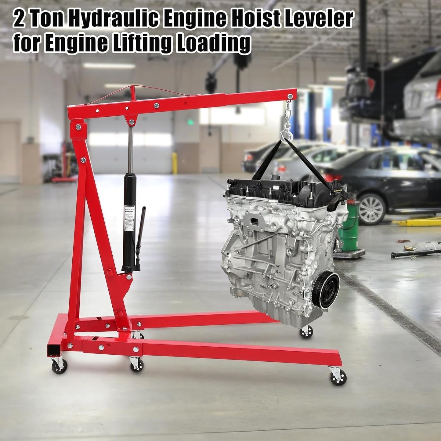 GarveeTech 2-Ton Folding Engine Hoist Cherry Picker 4400 Lb Capacity Hydraulic Shop Crane with Telescoping Boom 6 Caster Wheels for Automotive Repair Garage Use Includes Hitch and Storage Stand Red