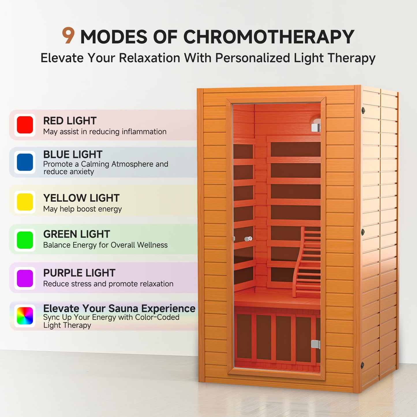 springspa Far Infrared Sauna for Home, Home Infrared Saunas up to 2 Person, Indoor Canadian Hemlock Wood Sauna Room with Near Zero Emf, 9 Chromo Therapy Lights, Bluetooth Speakers for Personal Spa