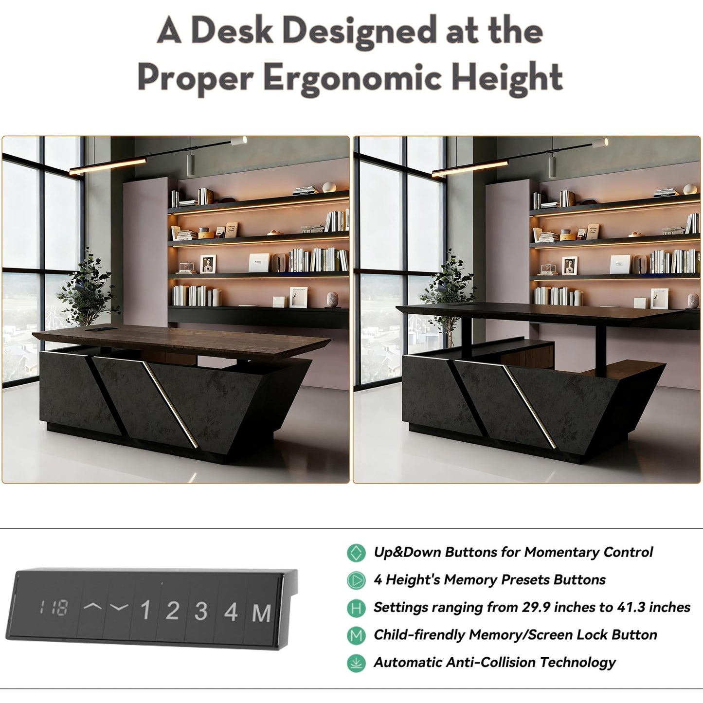 Modern Executive Desk - Adjustable Height L-Shaped Executive Desk with Drawers & File Cabinet, Black Luxury Home Office Desk, Standing Desks Business Workstation with Universal Charging Port, 78.74 In