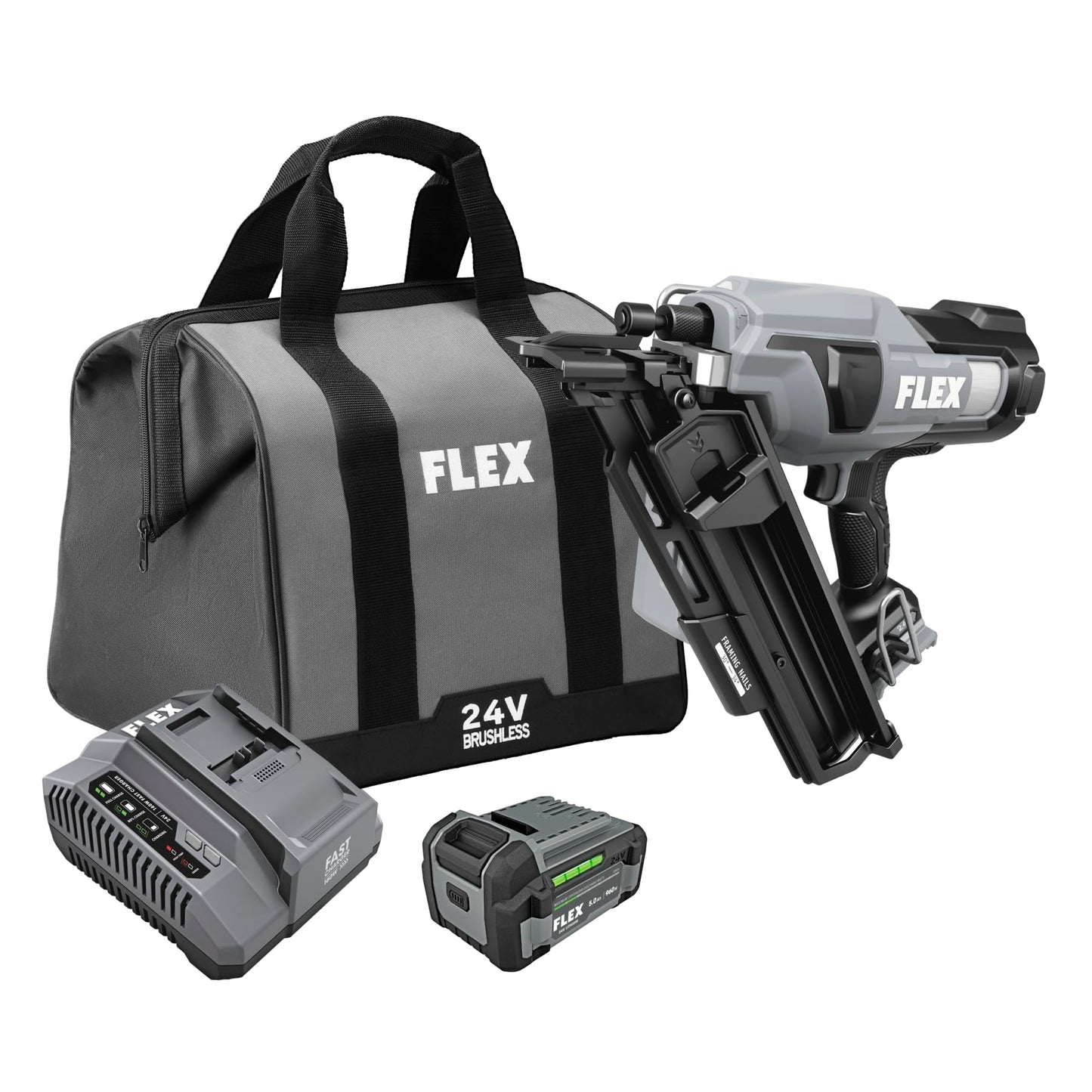 FLEX 24V Brushless 30° Framing Nailer Kit, Zero Ramp-up Time, 3 Nails/Sec, Ideal for Framing, Sheathing and Decking, w/ 5.0Ah Lithium Battery & 160W Fast Charger - FX4351B-1C