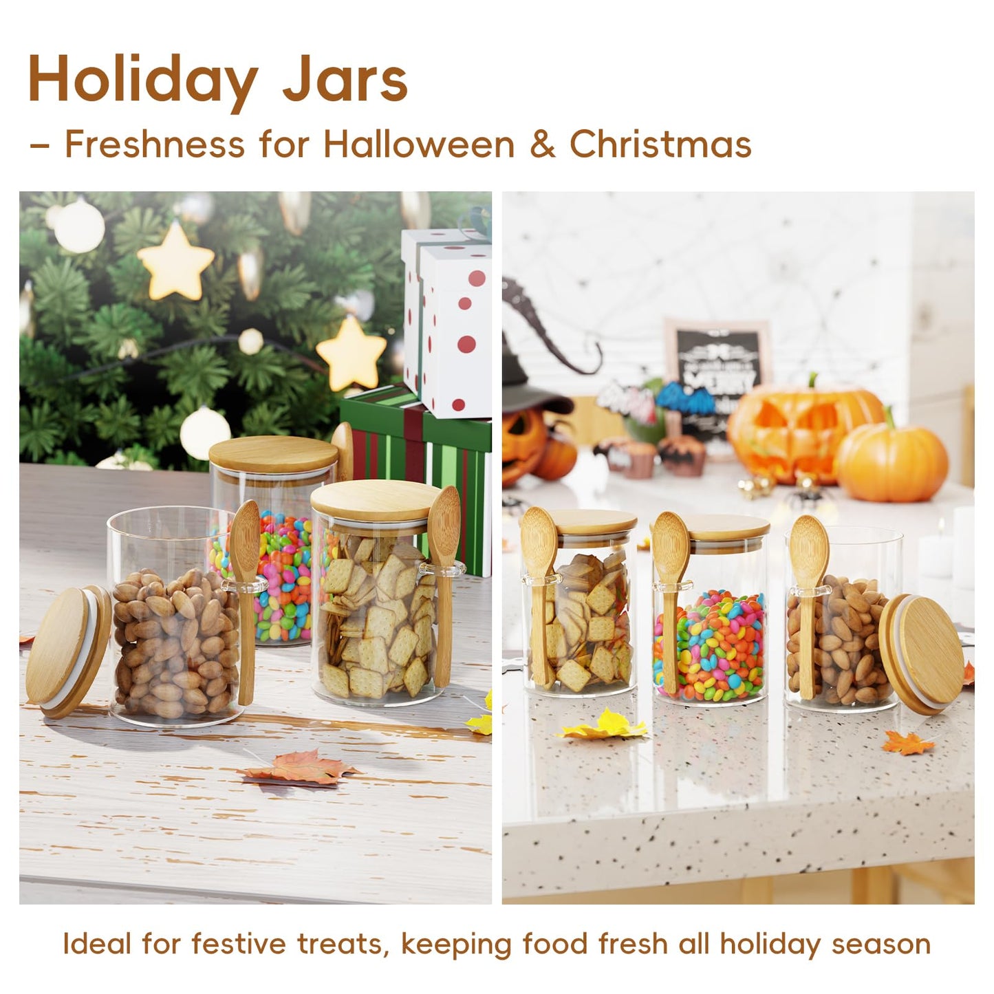KOIKEY Coffee Sugar Container Salts Jars - 15oz Glass Airtight Caning with Bamboo Lids and Spoons Scoop, Storage Overnight Oats, Spice, Creamer, Food Organizer, Set of 3
