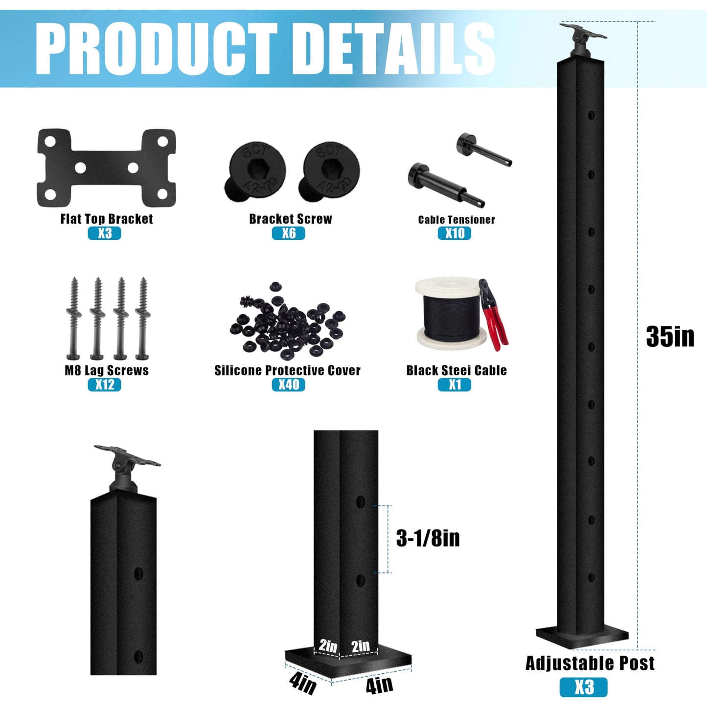Patavin Complete Set 36" Cable Railing Post Kit, Black 25-35° Angle Drilled Stair Railing Post, Invisible Cable Railing System Kit, 1/8" Stainless Steel Cable, 3Pack with Cable Grommets (No Handrail)