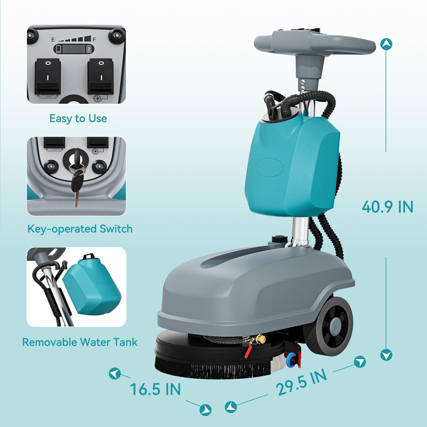 KARHDIR 15" Walk Behind Floor Scrubber Machine, 23" Squeegee, 6 Gal Dirty Water Tank Capacity, Floor Scrubber with Brushes, Hard Floor Scrubbers for Office Cafe Boutique Clinic Commercial Tight Space