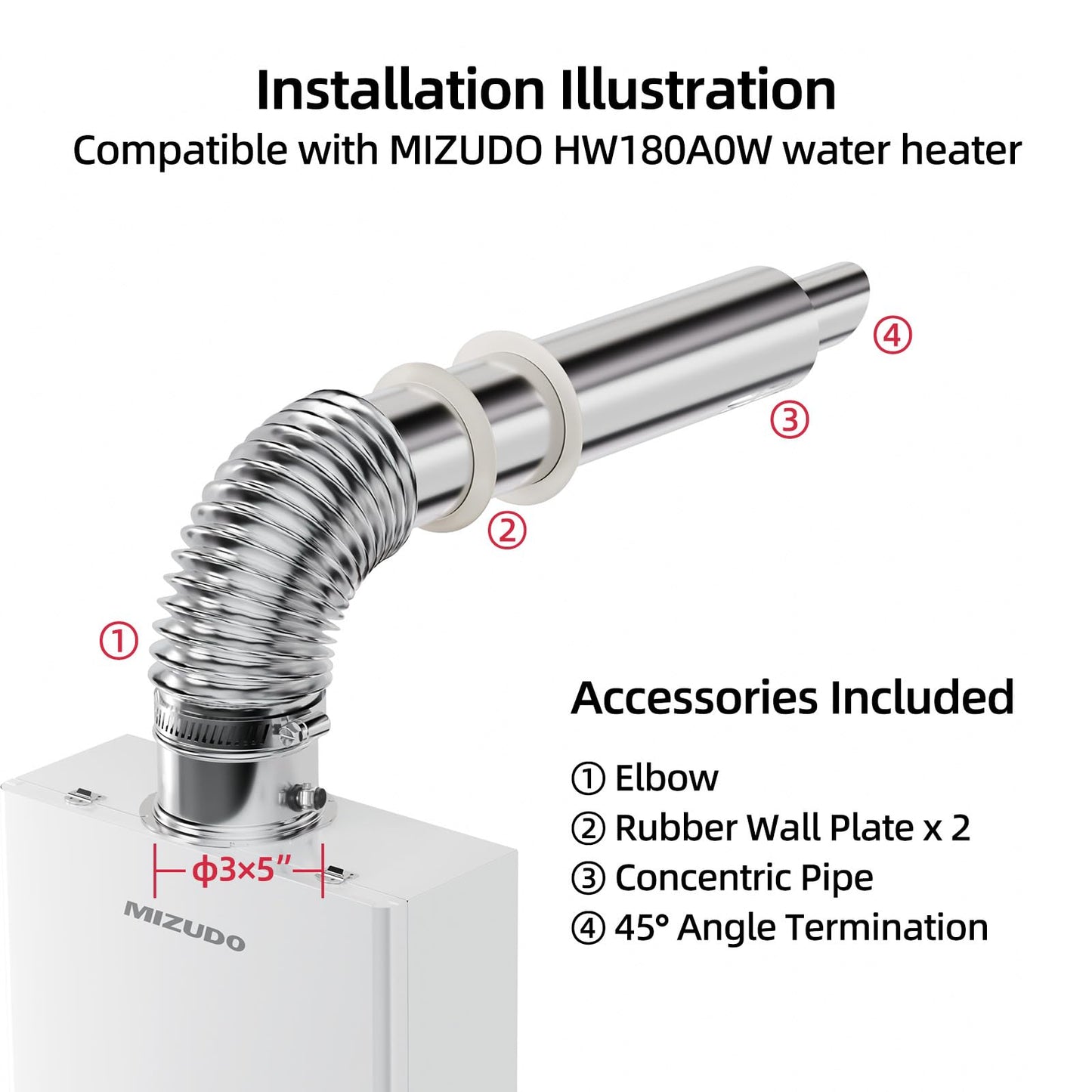 3"x5" Direct Vent Kit for Tankless Water Heaters, 23" Pipe, 87° Elbow, Trim Collar, 304 Stainless Steel