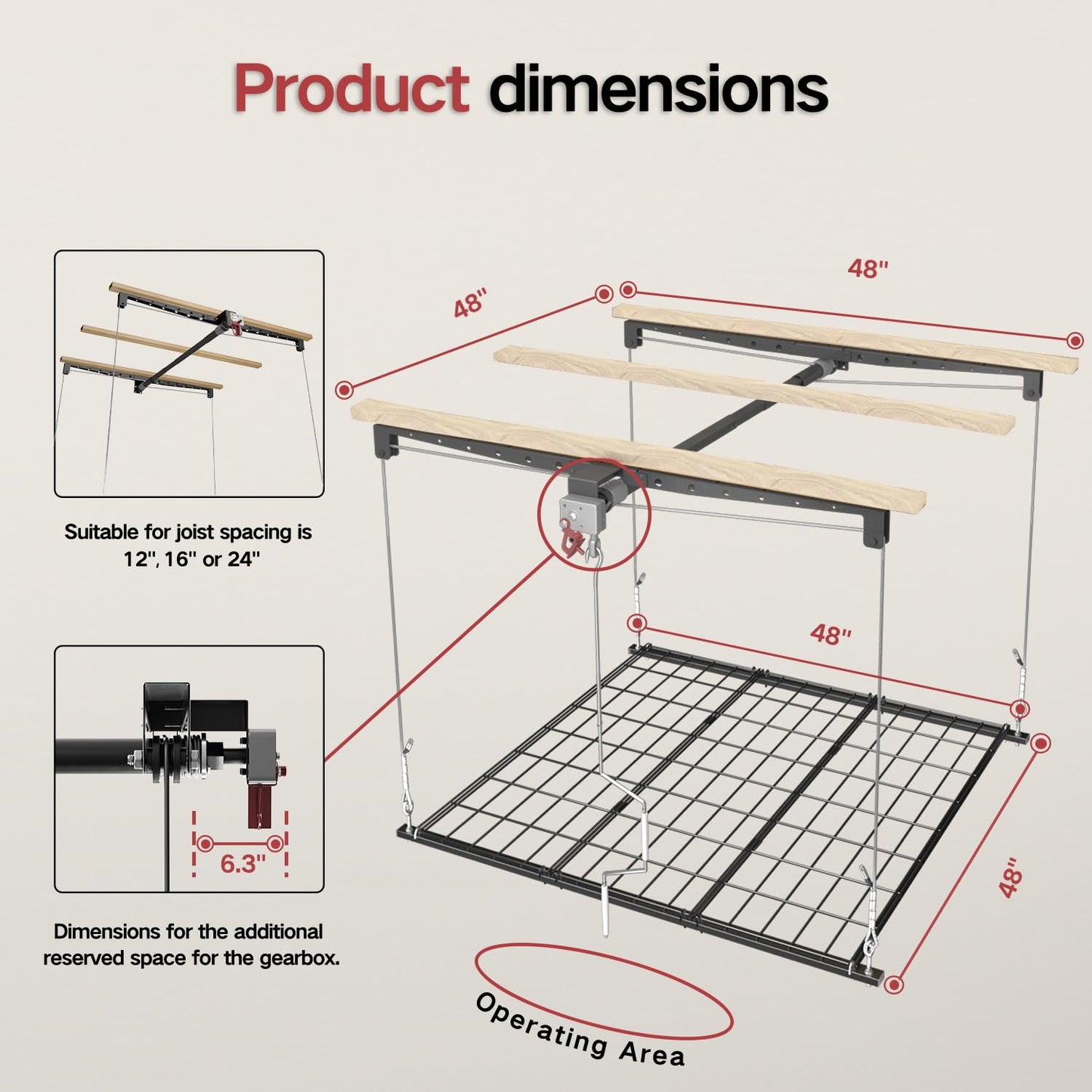 Overhead Garage Storage Rack for 8-10 FT Ceiling, 4x4 FT Ceiling Storage Racks with Safety Lock, Ideal for Garage Storage Mounted Lift System and Storage Organizer, 250lbs Capacity
