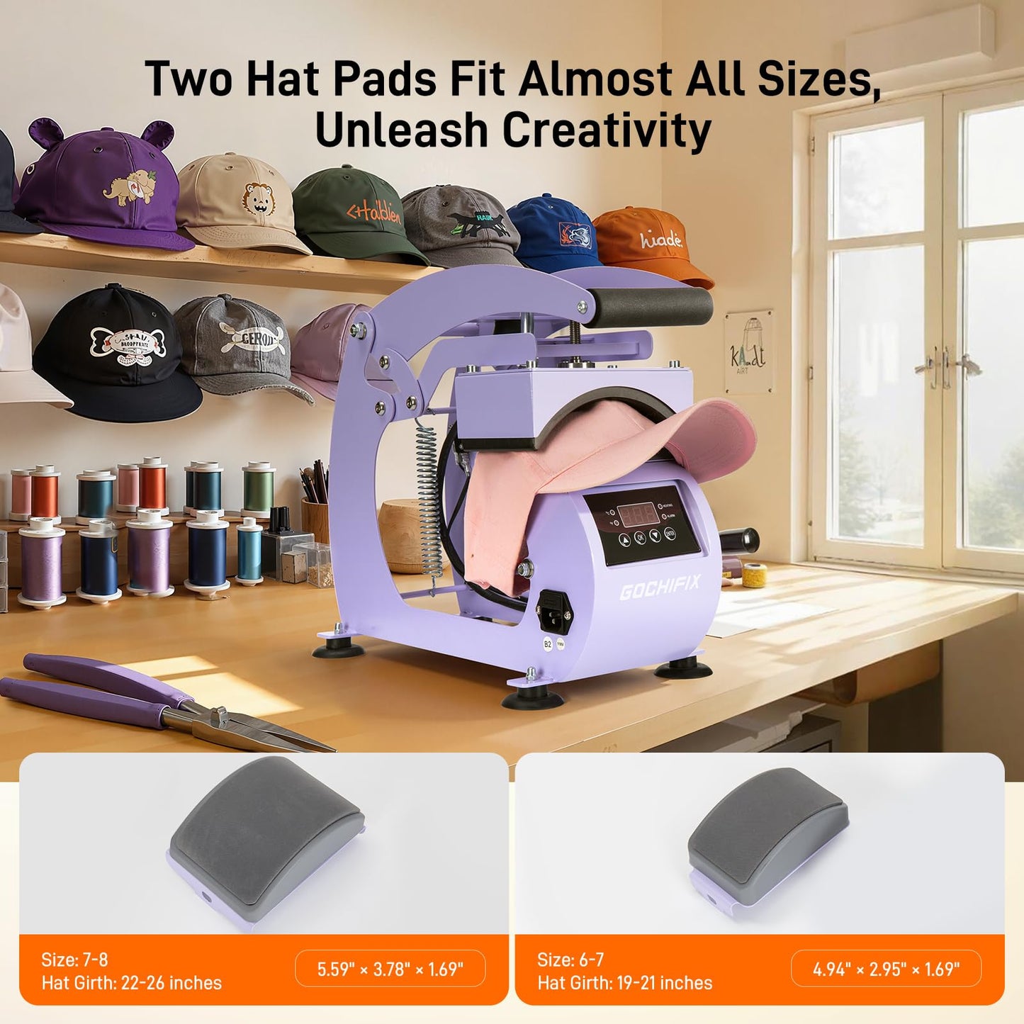 GOCHIFIX Heat Press, Precise Temp/Timer Control, 6.54"x3.84"Curved Heat Plate, 2 Hat Pad, Hat Stretcher, Safety Base, Glove, Hat Press Heat Machine for Caps, Sublimation, Vinyl, Heat Transfer