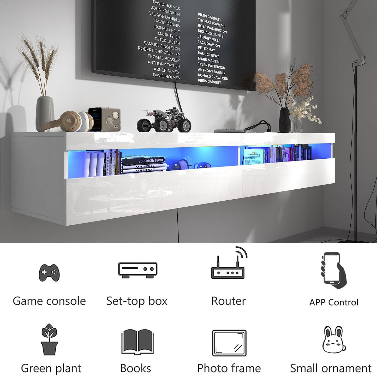 EXQUAL Solid Wood Floating TV Stand, Wall Mounted TV Shelf with Led Lights & Power Outlet, 71" Modern Entertainment Center Media Console with Storage, High Gloss TV Cabinet for 65/75/80 inch TV