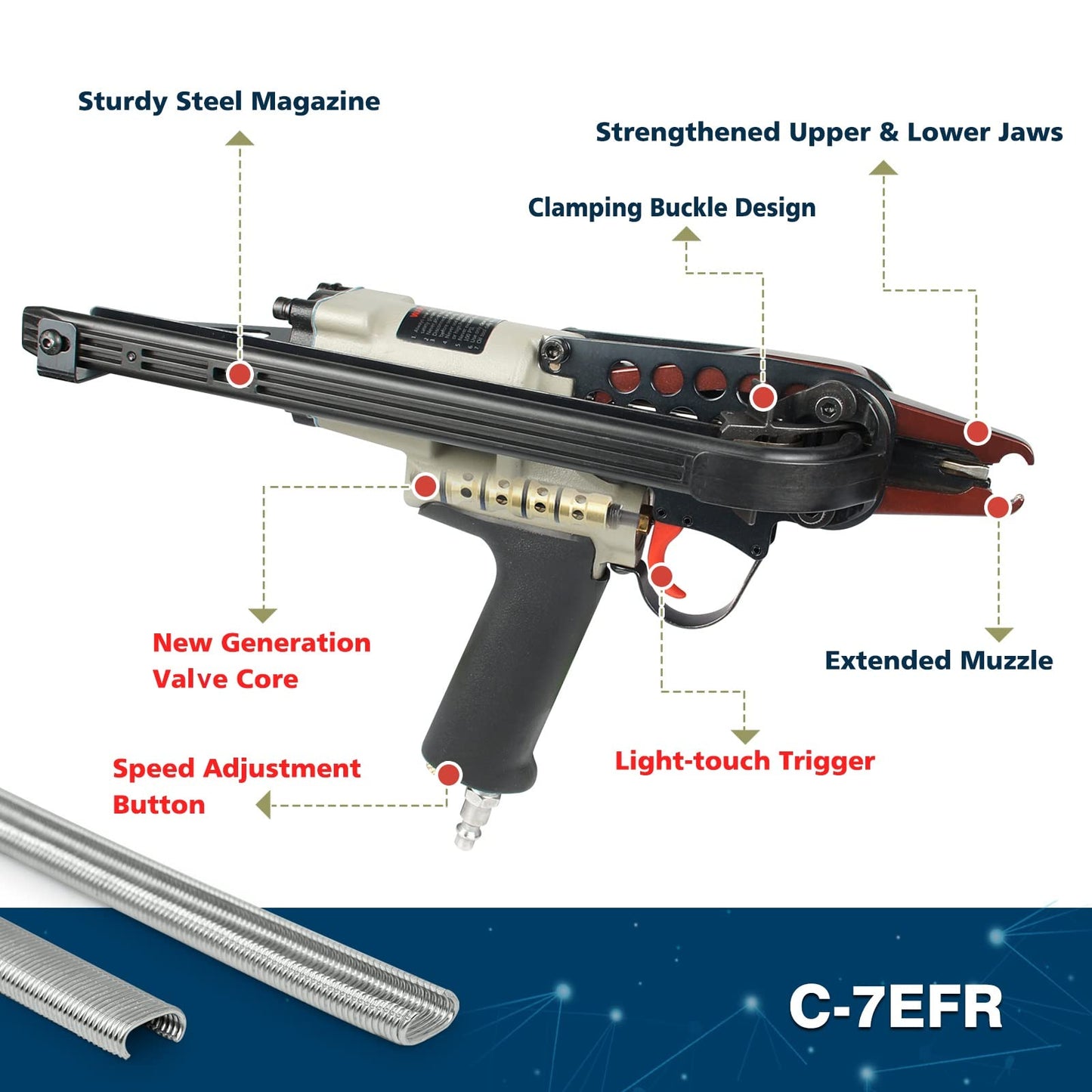 Woodpecker #C-7EFR 15 Gauge Pneumatic Hog Ring Staple Gun, New Adjustable Speed Generation 3/4-Inch Inner Crown Air Power C Ring Stapler, 4.8-8.0mm Closure Diameter Hog Ring Plier for Spring Mattress