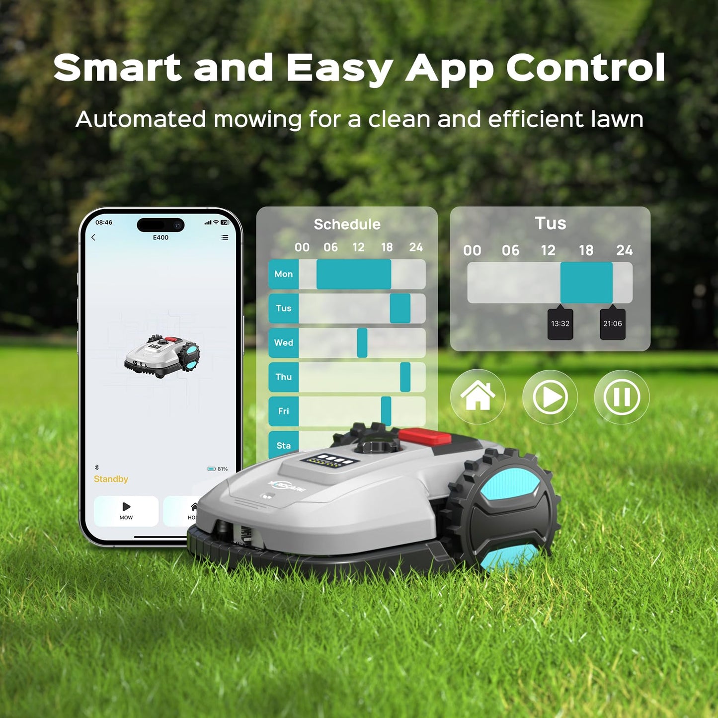 2026 New Robot Lawn Mower with App Control – Features Adjustable Cutting Height, Auto-Charging, Obstacle Detection and Brushless Motor for Lawns Up to 1/8 Acre, Gray