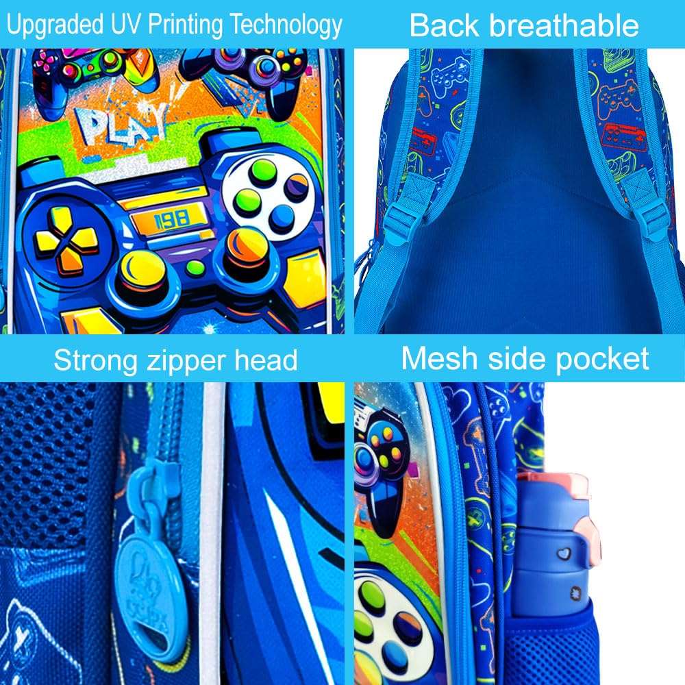 ZLYERT 16" Gamer Backpack for Boy, 3Pcs Gaming Kids Bookbag for Elementary Preschool Kindergarten, School Backpacks with Lunch Box(Blue)