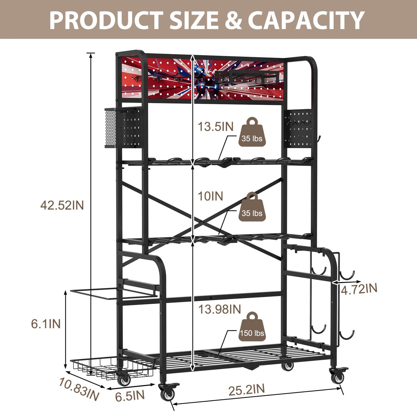 YiiMeeCoo Heavy Duty Dual-Row Dumbbell Rack with Wheels, Home Gym Vertical Storage Stand with Yoga Mat Storage, Space Saving Fitness Equipment Organizer for Home Workout