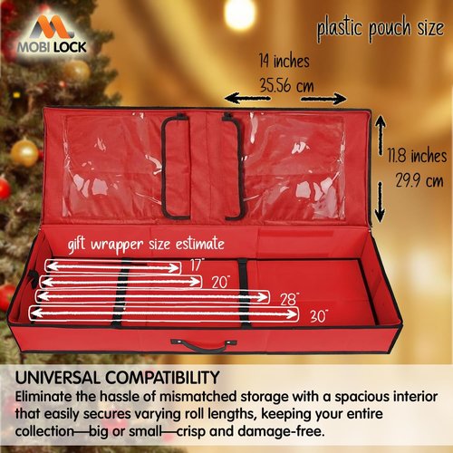 Mobi Lock Wrapping Paper Storage Box - Durable Red Organizer with Zipper & Pockets | Holds 24-30 Rolls