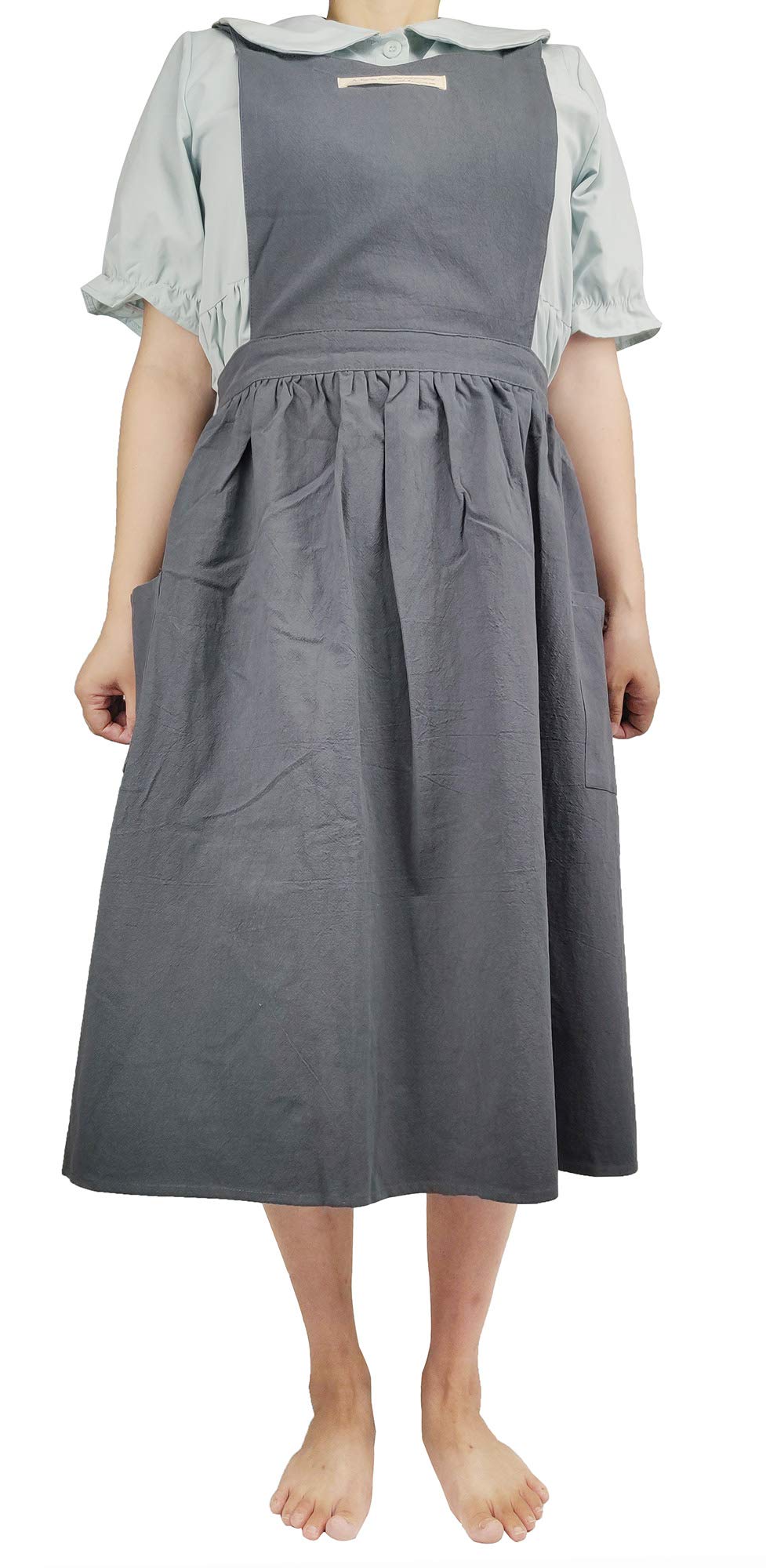 losofar Women Girls Vintage Apron Adjustable Gardening Works Cross Back Cotton/Linen Blend Aprons Pinafore Dress with Two Pockets (greengrey, 39"x 59")