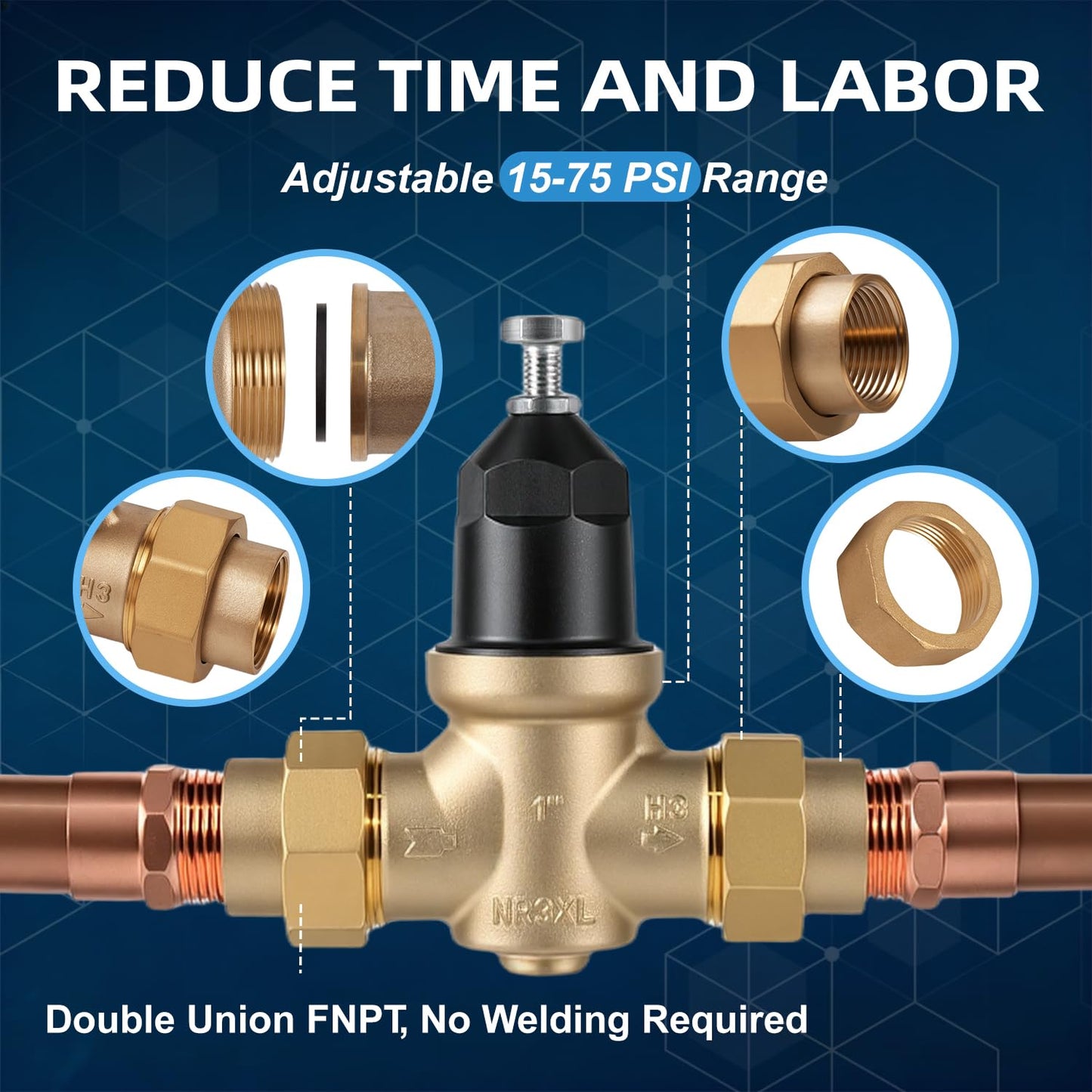 Upgraded 1" Brass Pressure Reducing Valve，Water Pressure Regulator for home with Double Union FNPT Connection - Stainless Steel Strainer Screen (1 inch)