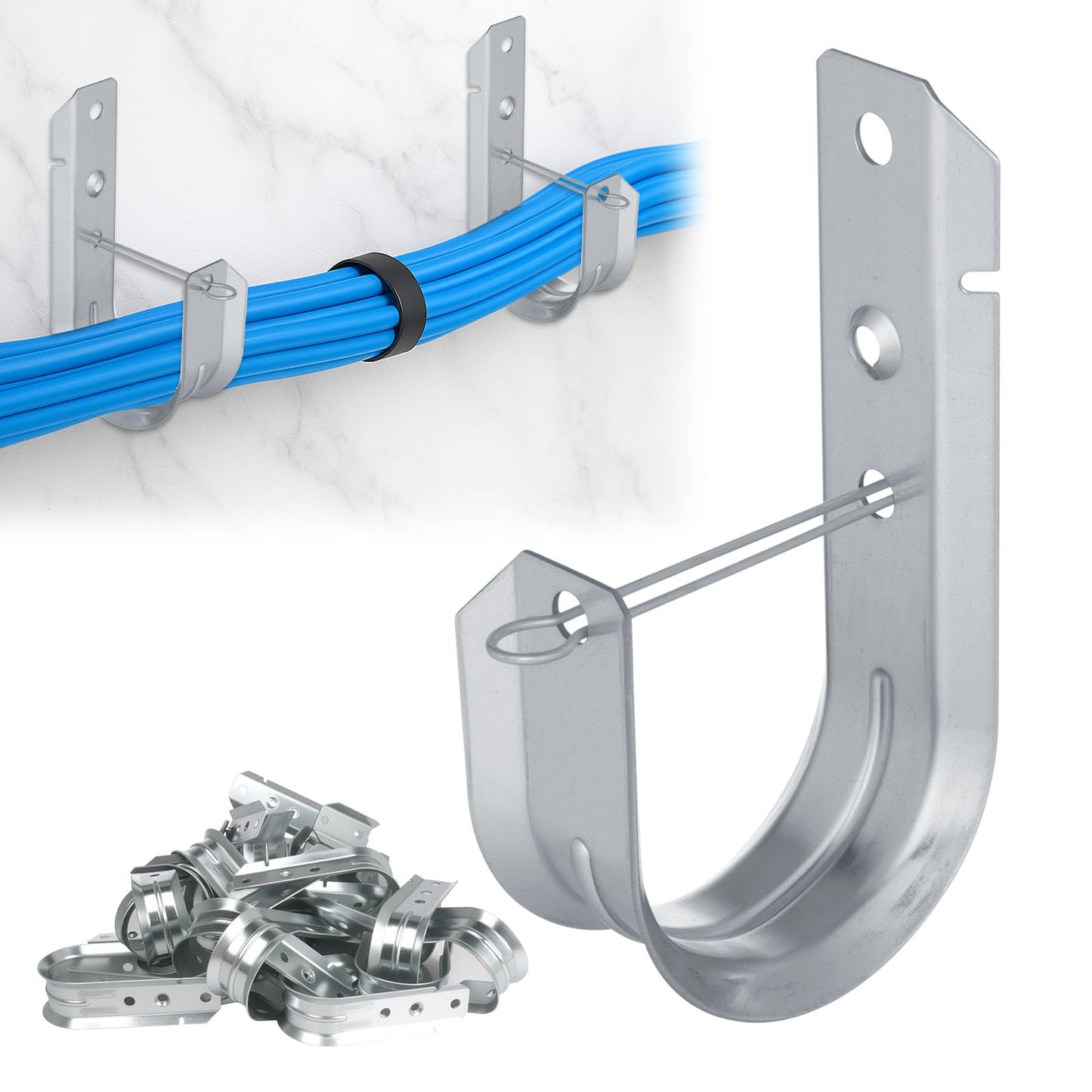 AOKLIT 2" Galvanized Steel J-Hooks, Heavy Duty Wall Mount Cable Support J Hook with Retainer Clip for Cable Management (50 PCS)